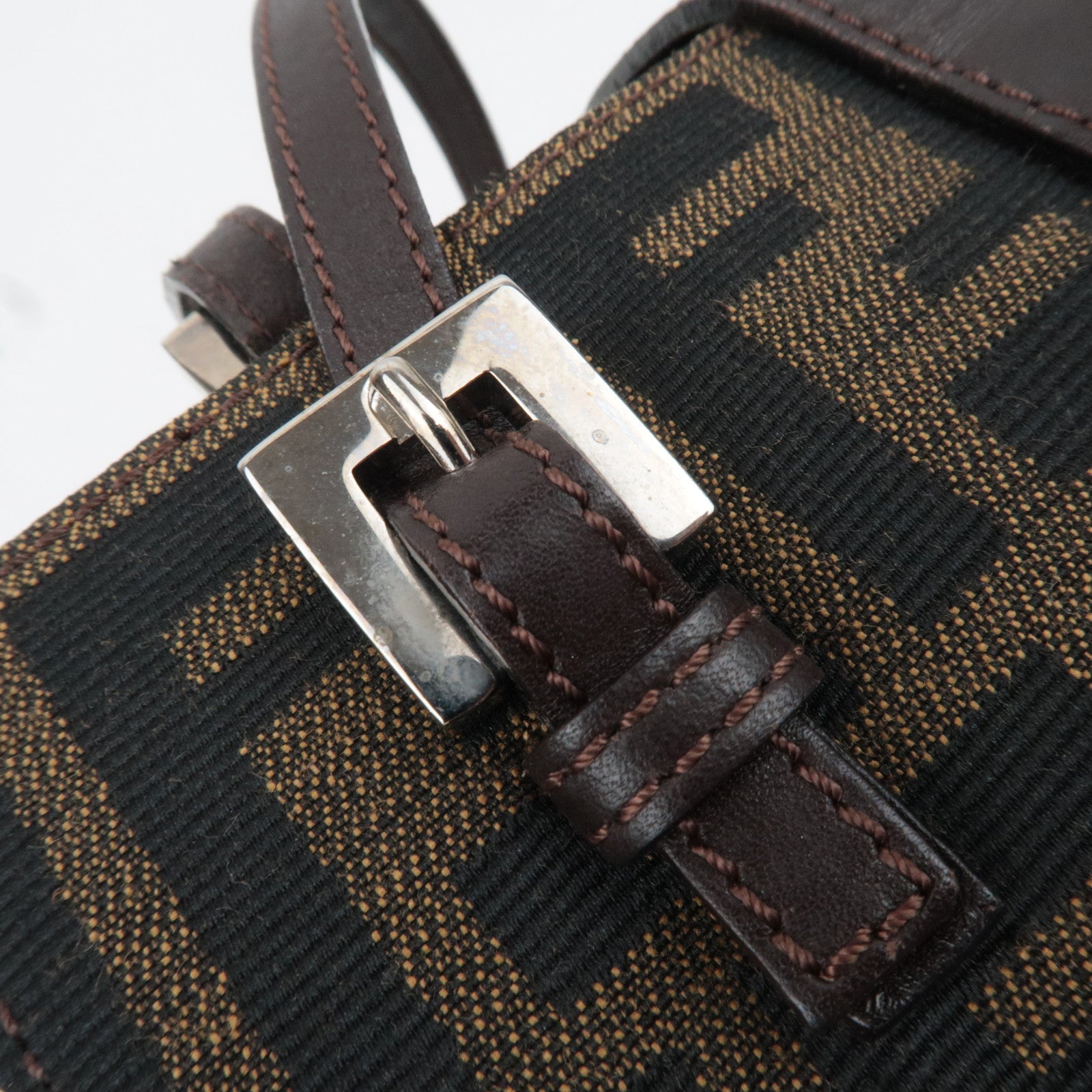FENDI Zucca Canvas Leather Handbag Brown Black