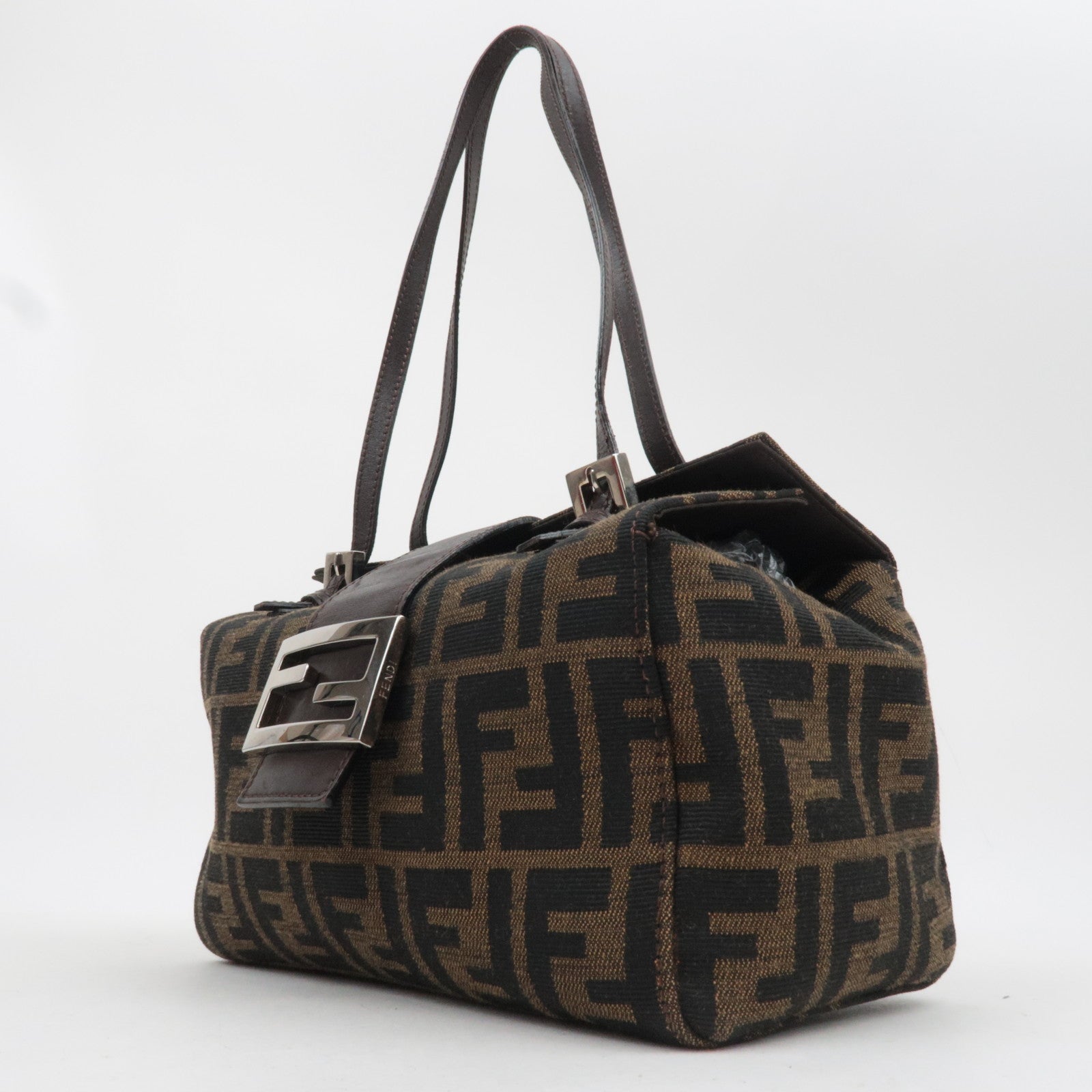 FENDI Zucca Canvas Leather Handbag Brown Black