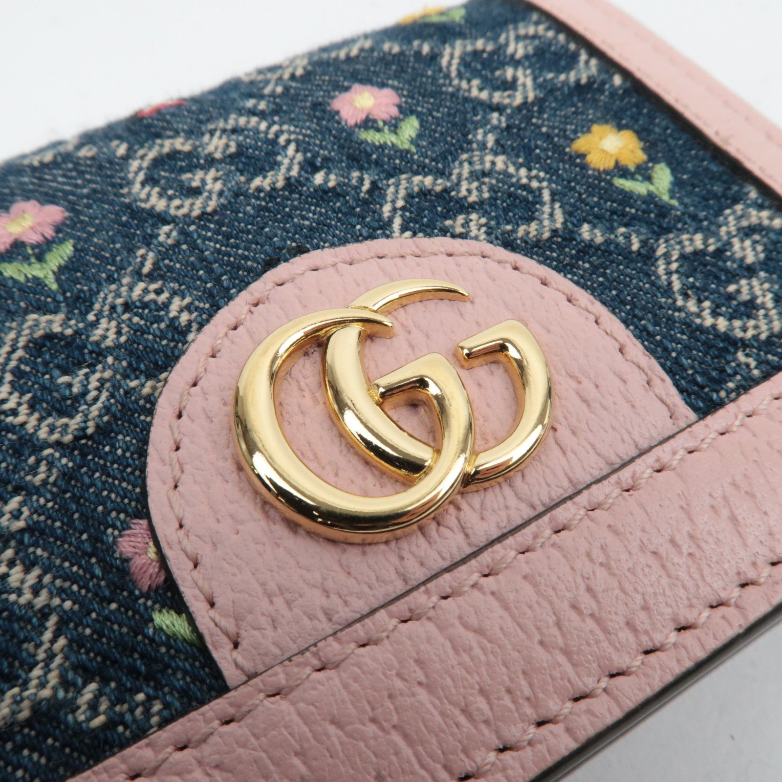 GUCCI Ophidia Floral Embroidery GG Denim Wallet Japan Limited Pink Navy 523155