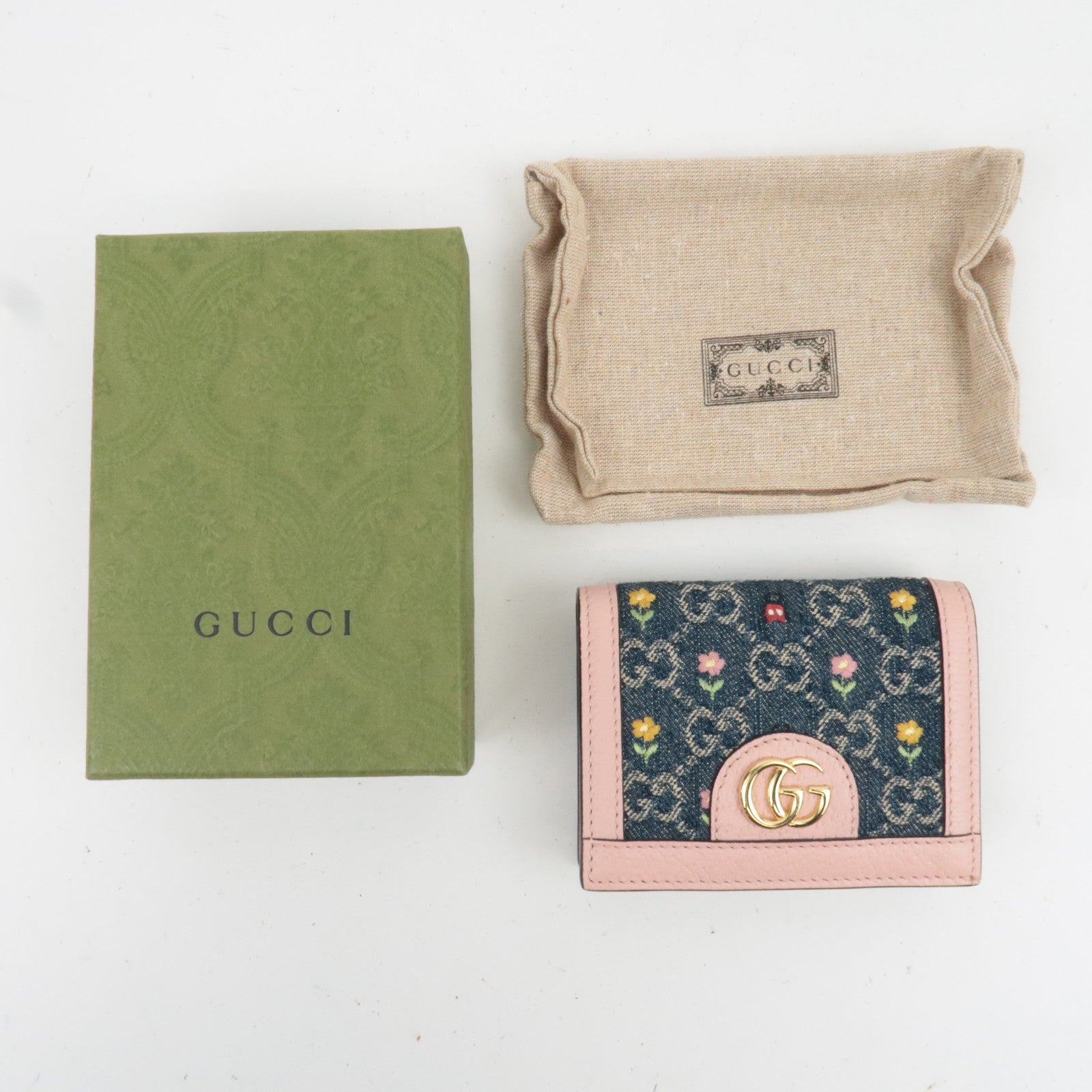 GUCCI Ophidia Floral Embroidery GG Denim Wallet Japan Limited Pink Navy 523155