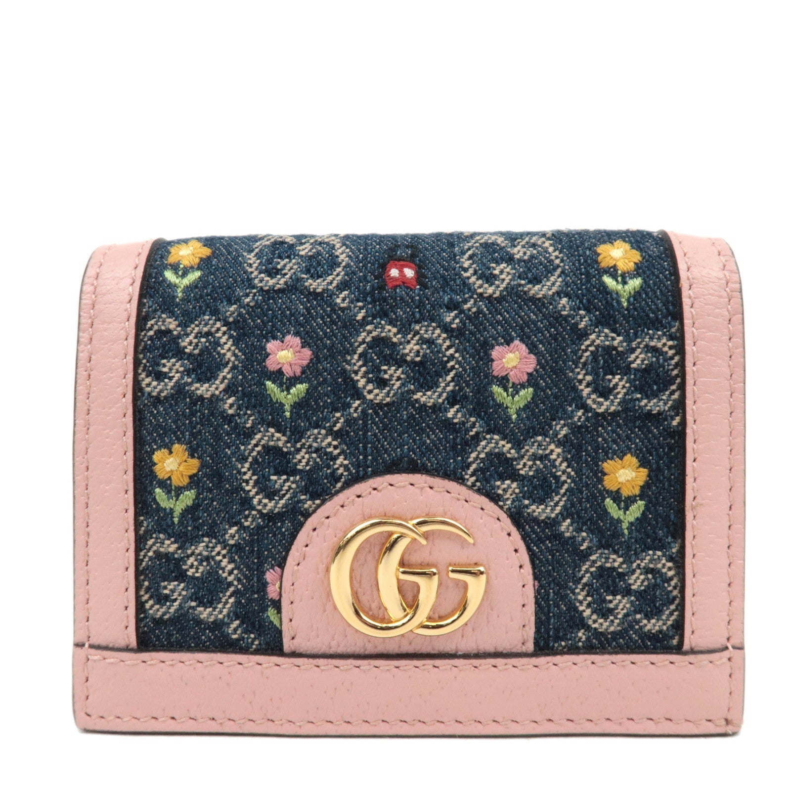 GUCCI Ophidia Floral Embroidery GG Denim Wallet Japan Limited Pink Navy 52315586684