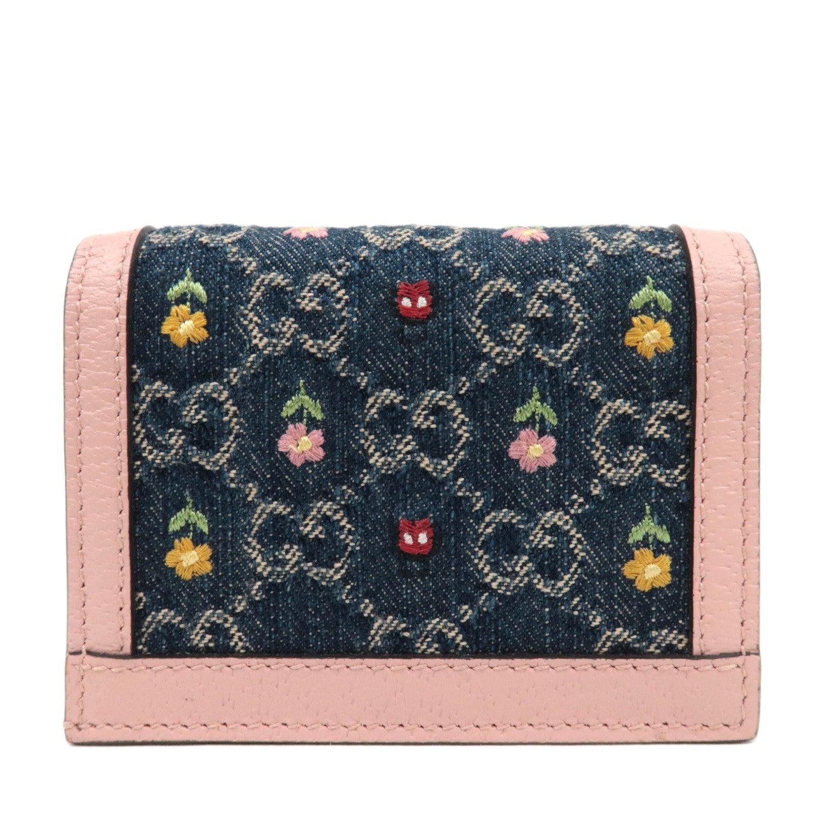 GUCCI Ophidia Floral Embroidery GG Denim Wallet Japan Limited Pink Navy 523155