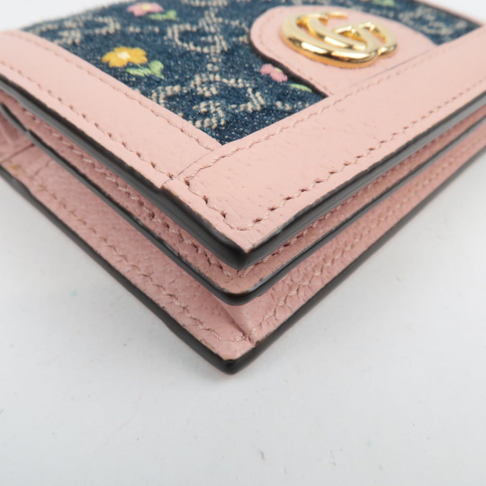 GUCCI Ophidia Floral Embroidery GG Denim Wallet Japan Limited Pink Navy 523155