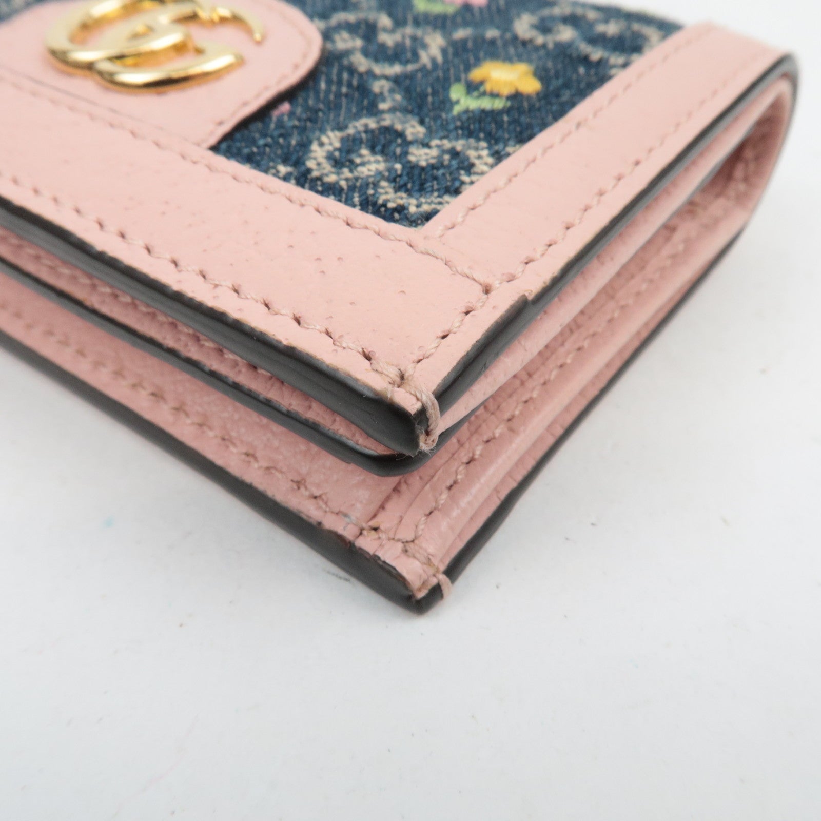 GUCCI Ophidia Floral Embroidery GG Denim Wallet Japan Limited Pink Navy 523155