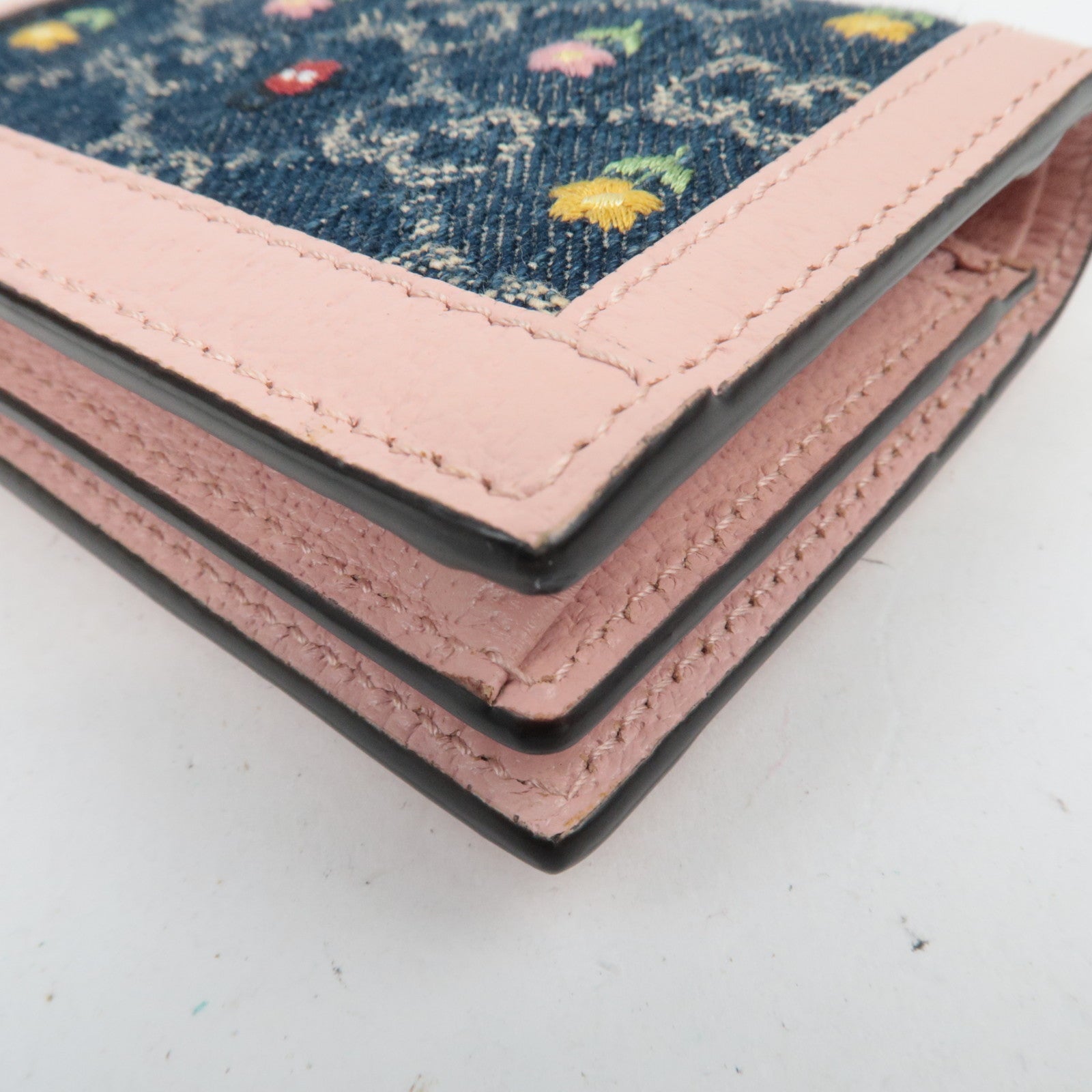 GUCCI Ophidia Floral Embroidery GG Denim Wallet Japan Limited Pink Navy 523155