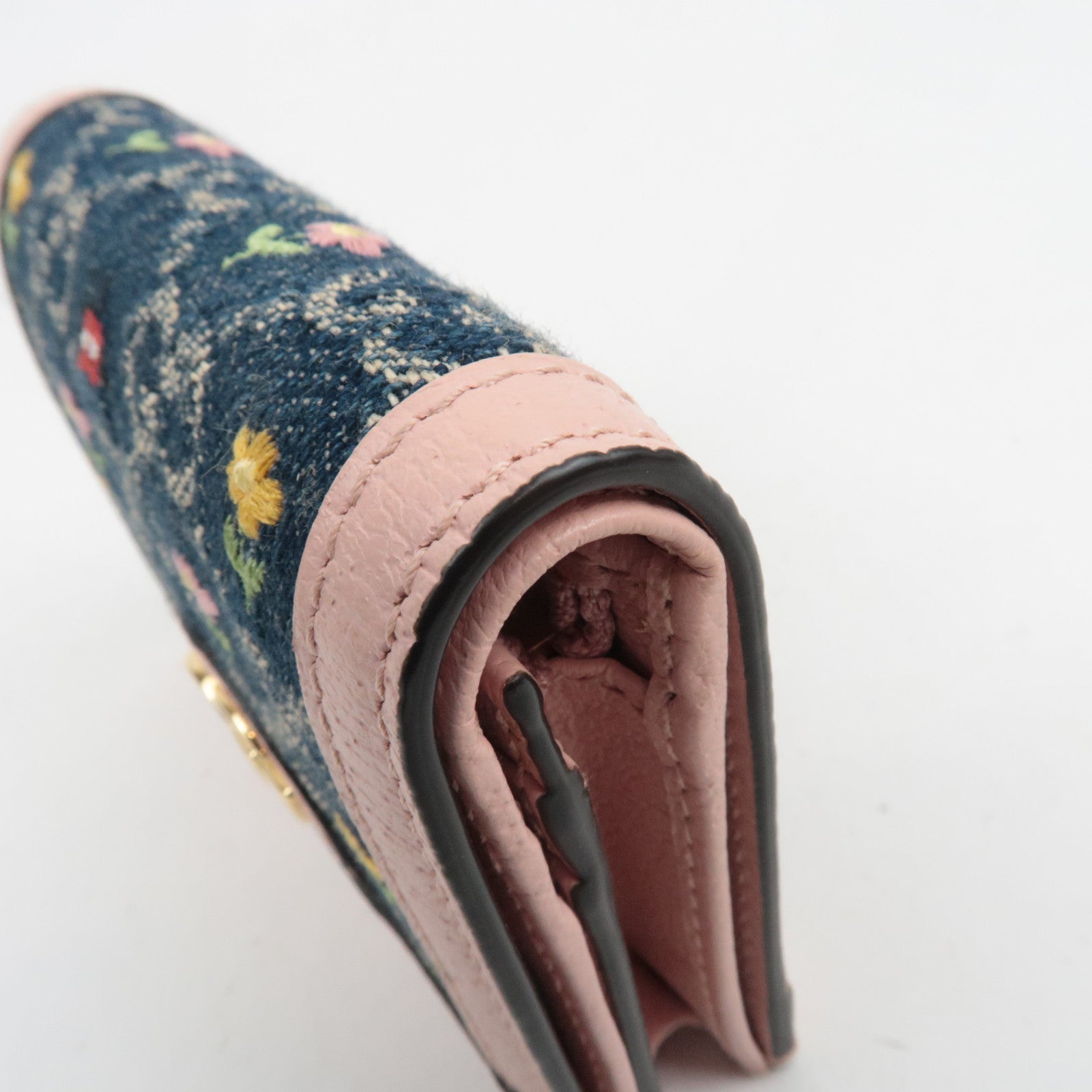 GUCCI Ophidia Floral Embroidery GG Denim Wallet Japan Limited Pink Navy 523155