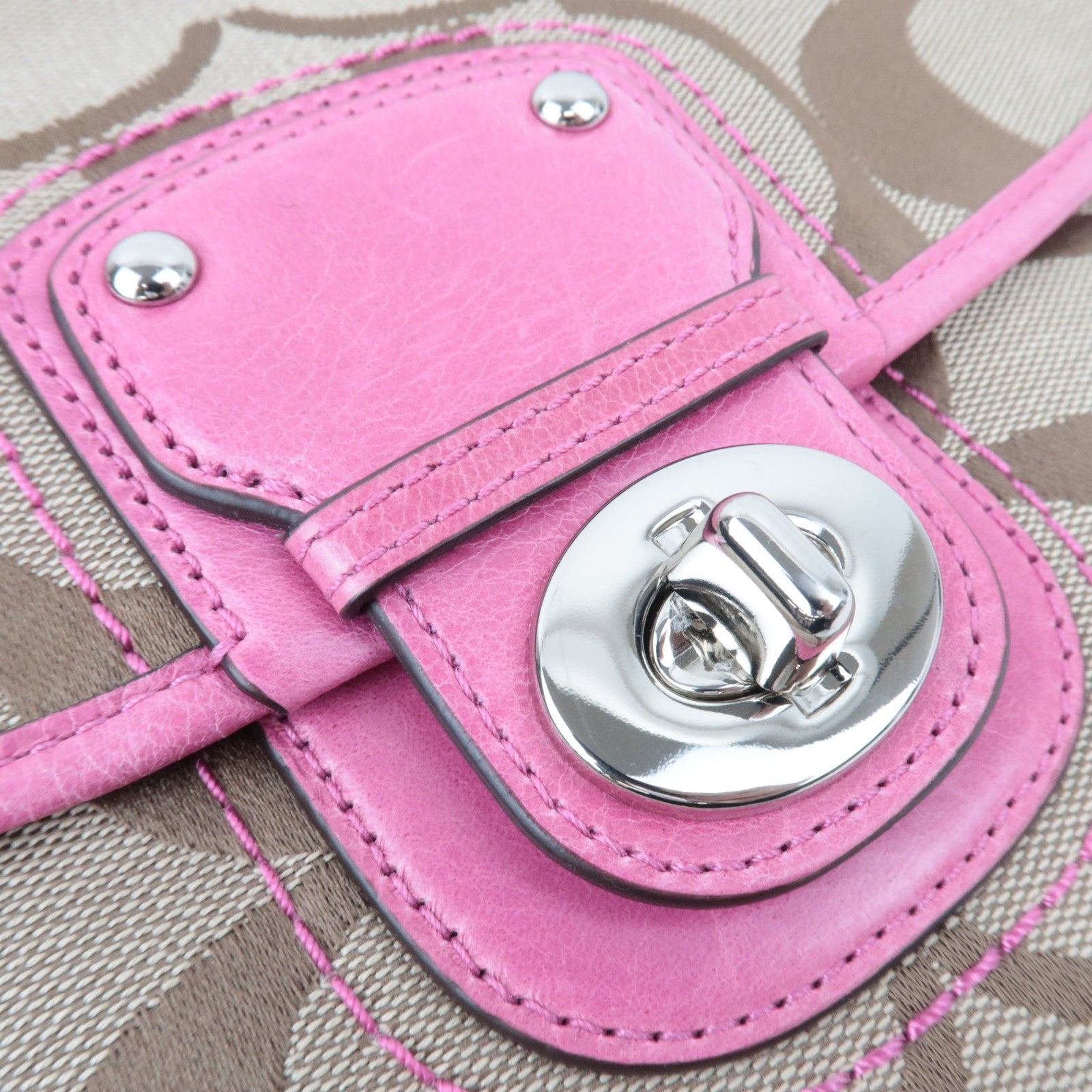 COACH Signature 2Way Canvas Leather Handbag Beige Pink 19034