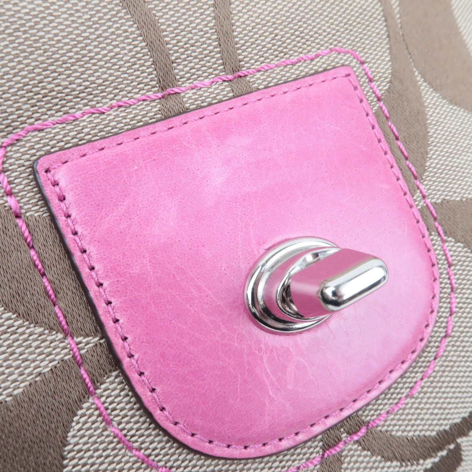 COACH Signature 2Way Canvas Leather Handbag Beige Pink 19034