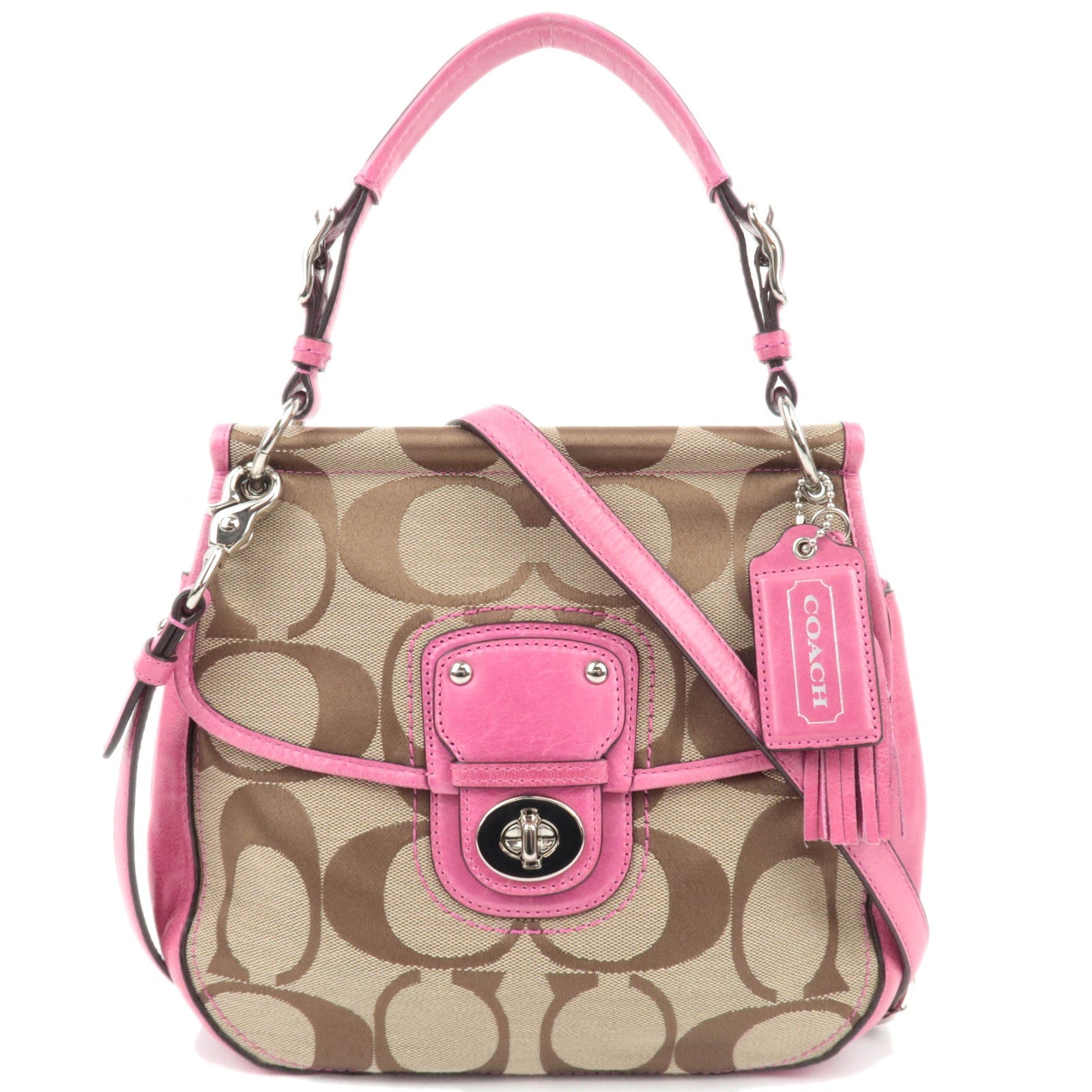 COACH Signature 2Way Canvas Leather Handbag Beige Pink 1903486746