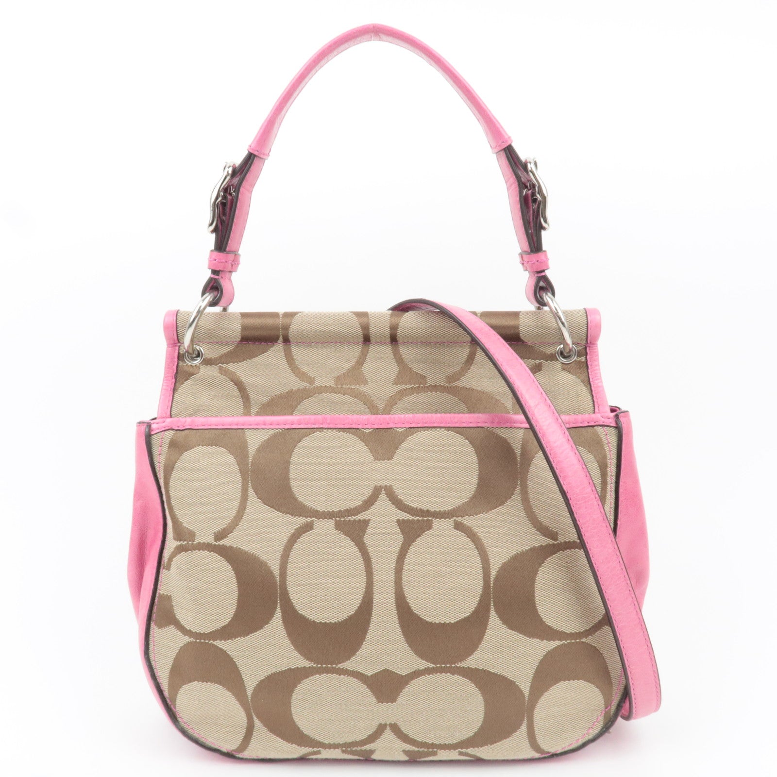 COACH Signature 2Way Canvas Leather Handbag Beige Pink 19034