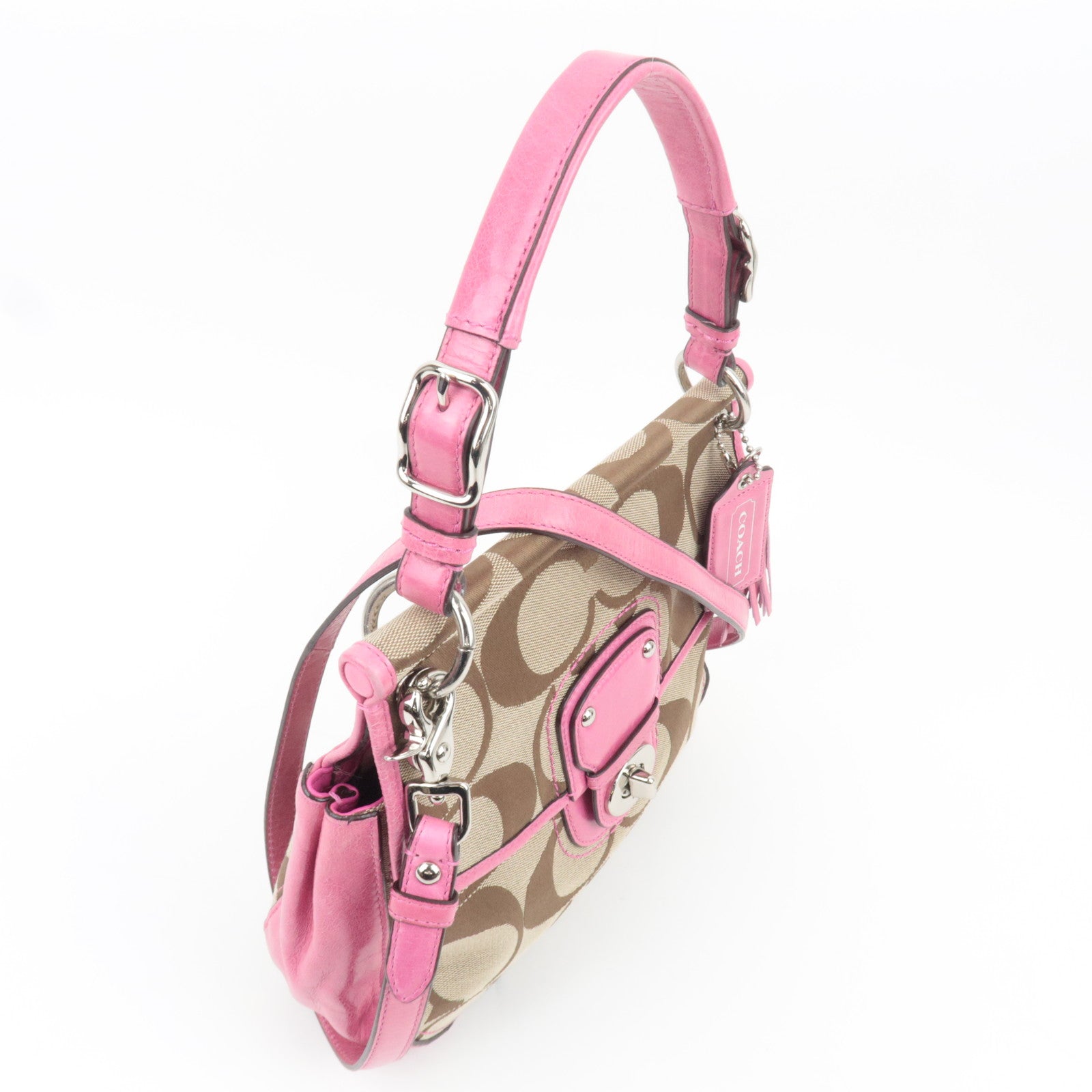 COACH Signature 2Way Canvas Leather Handbag Beige Pink 19034