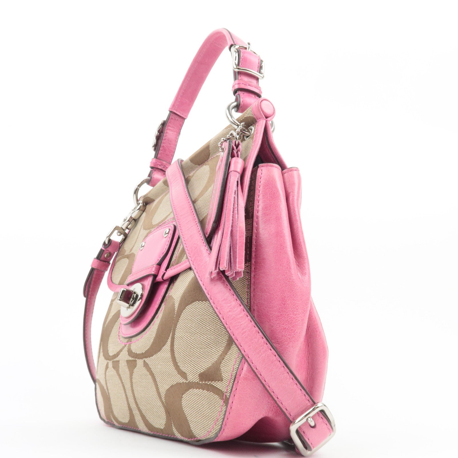 COACH Signature 2Way Canvas Leather Handbag Beige Pink 19034