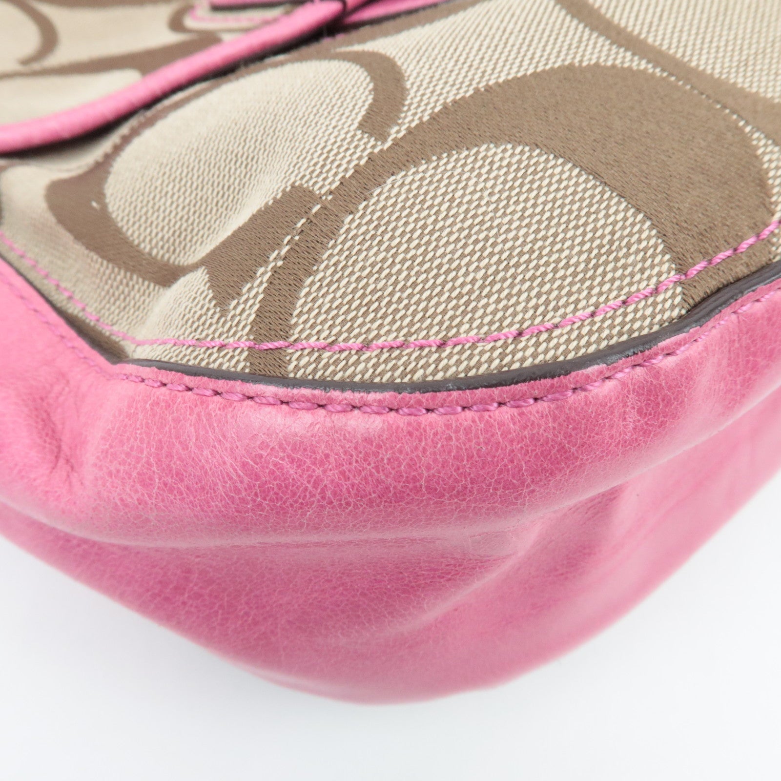 COACH Signature 2Way Canvas Leather Handbag Beige Pink 19034