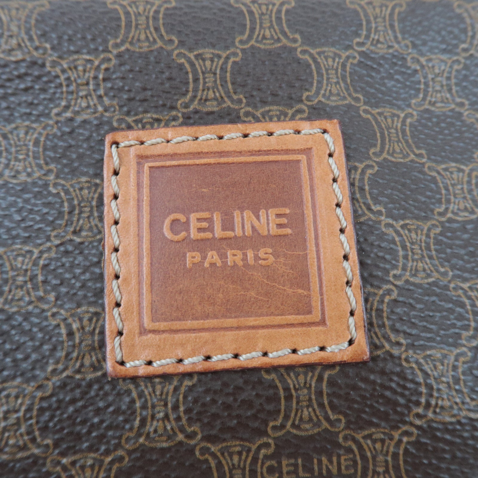 CELINE Macadam Canvas Leather Cosmetic Pouch Brown