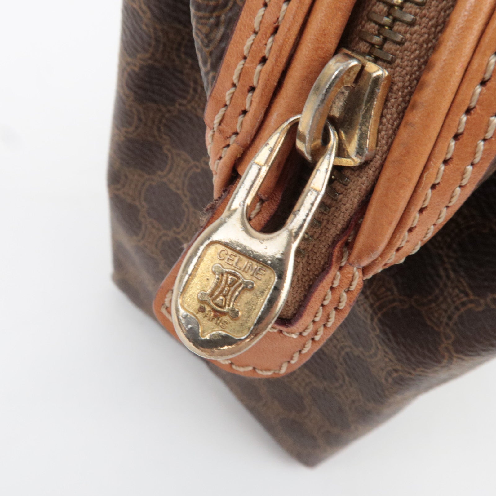 CELINE Macadam Canvas Leather Cosmetic Pouch Brown