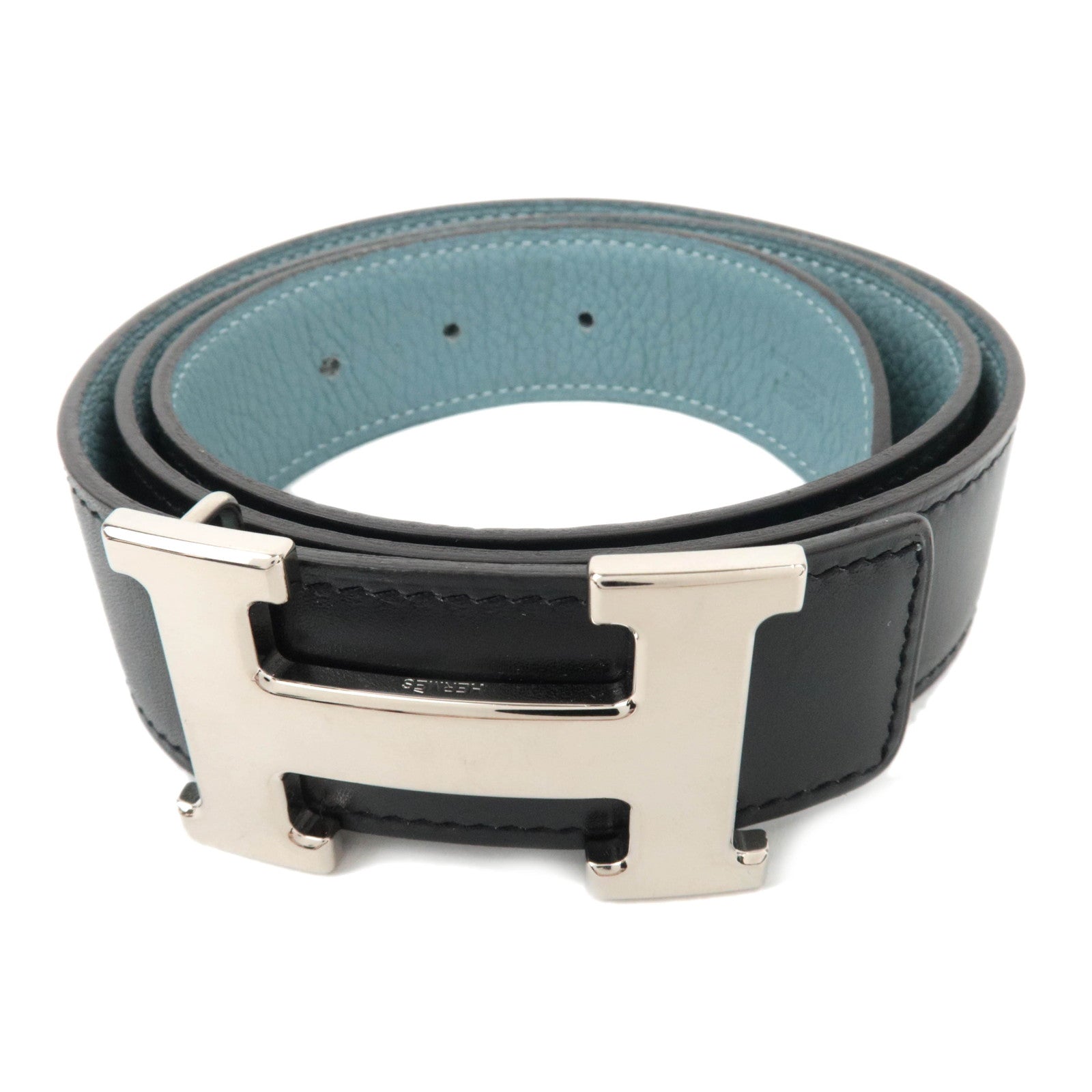 HERMES Constance H Leather Reversible Belt Size 85 M Stamp (2009) Black Light Blue86790