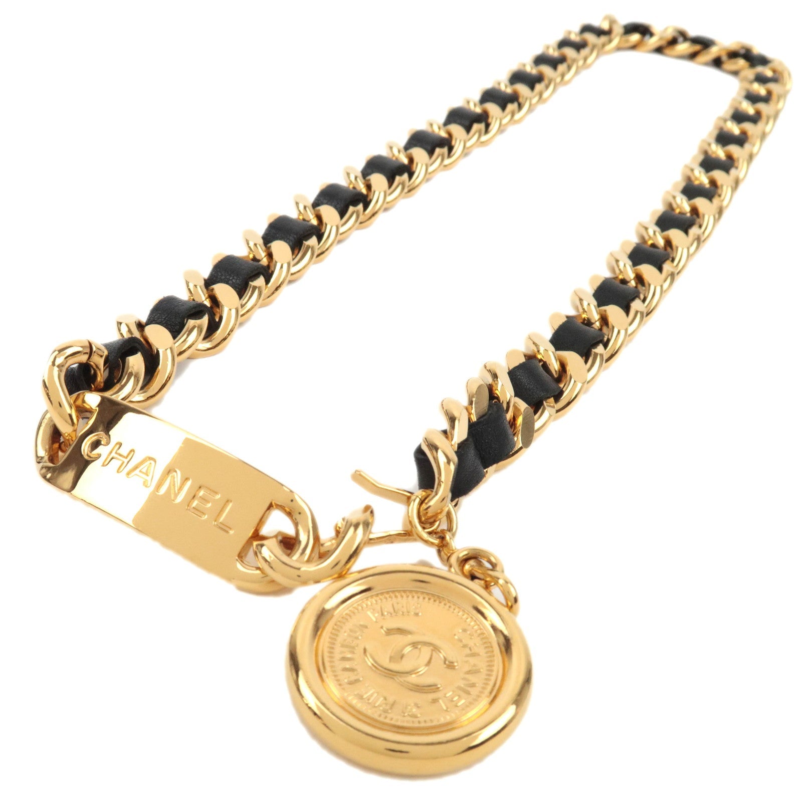 CHANEL Coin Charm Leather Chain Belt Black Gold86791
