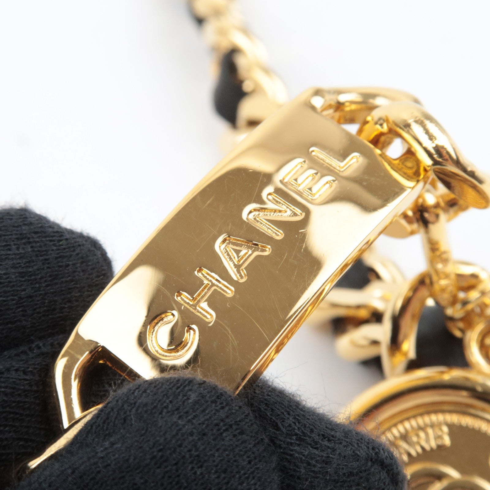 CHANEL Coin Charm Leather Chain Belt Black Gold