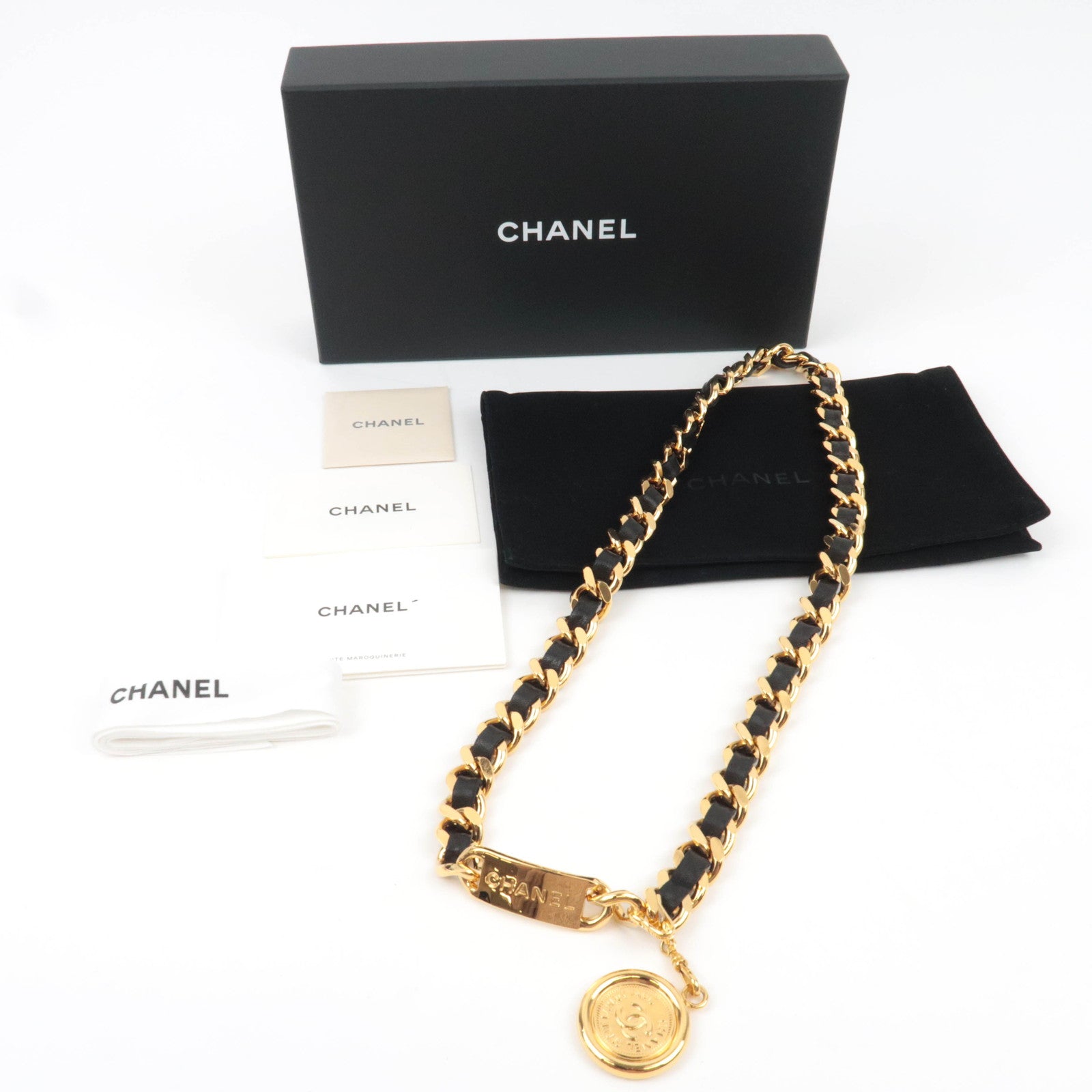 CHANEL Coin Charm Leather Chain Belt Black Gold