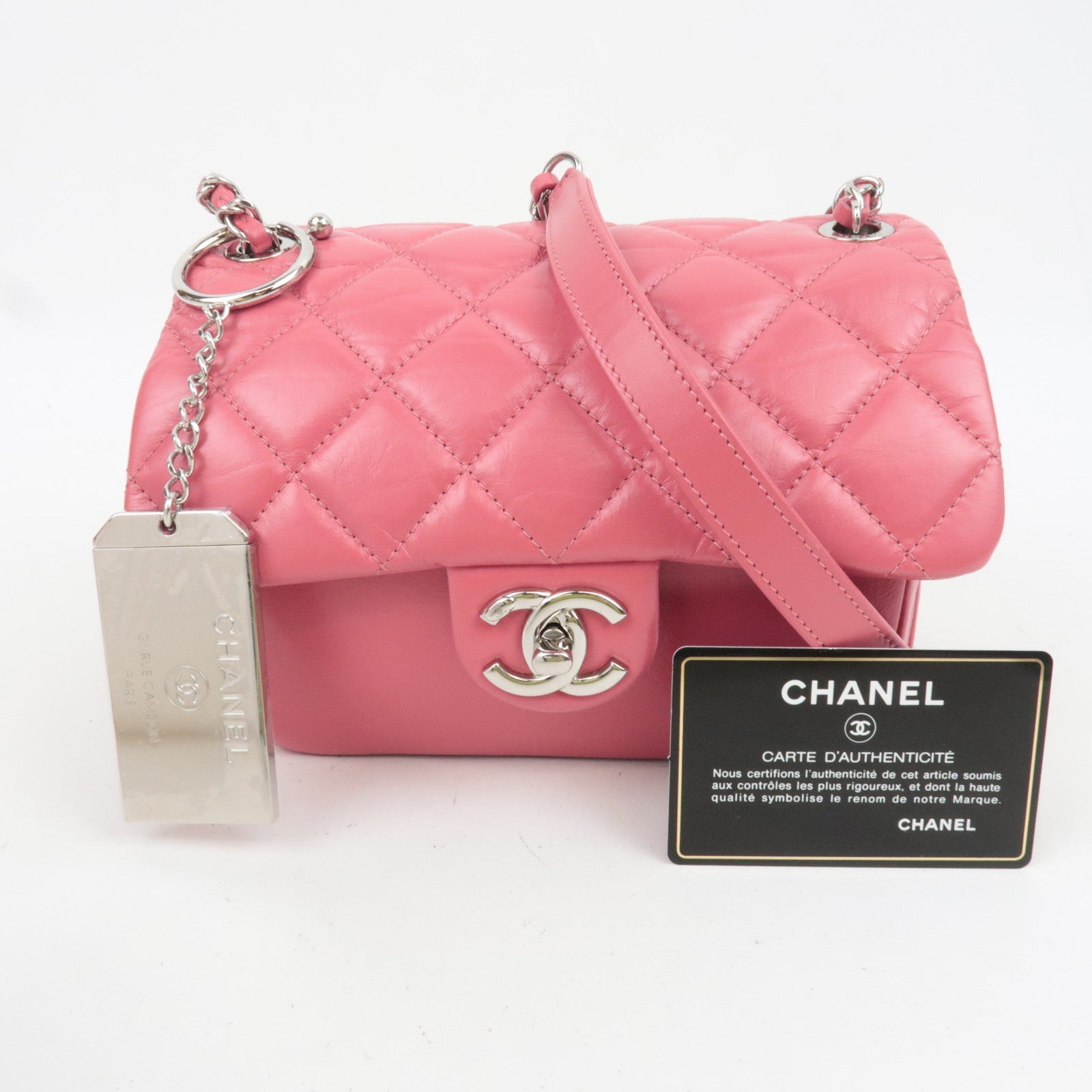 CHANEL Matelasse Calf Leather Chain Shoulder Bag Pink Silver HDW AS1315