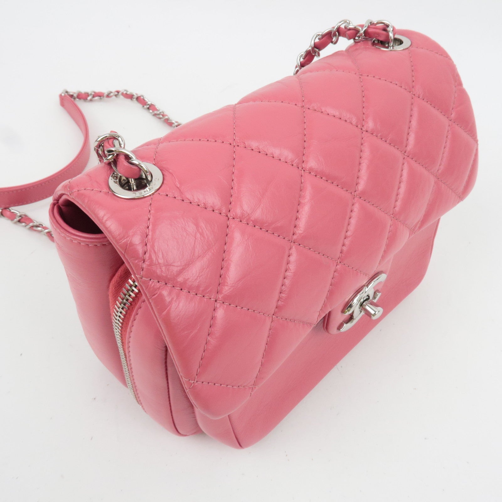 CHANEL Matelasse Calf Leather Chain Shoulder Bag Pink Silver HDW AS1315