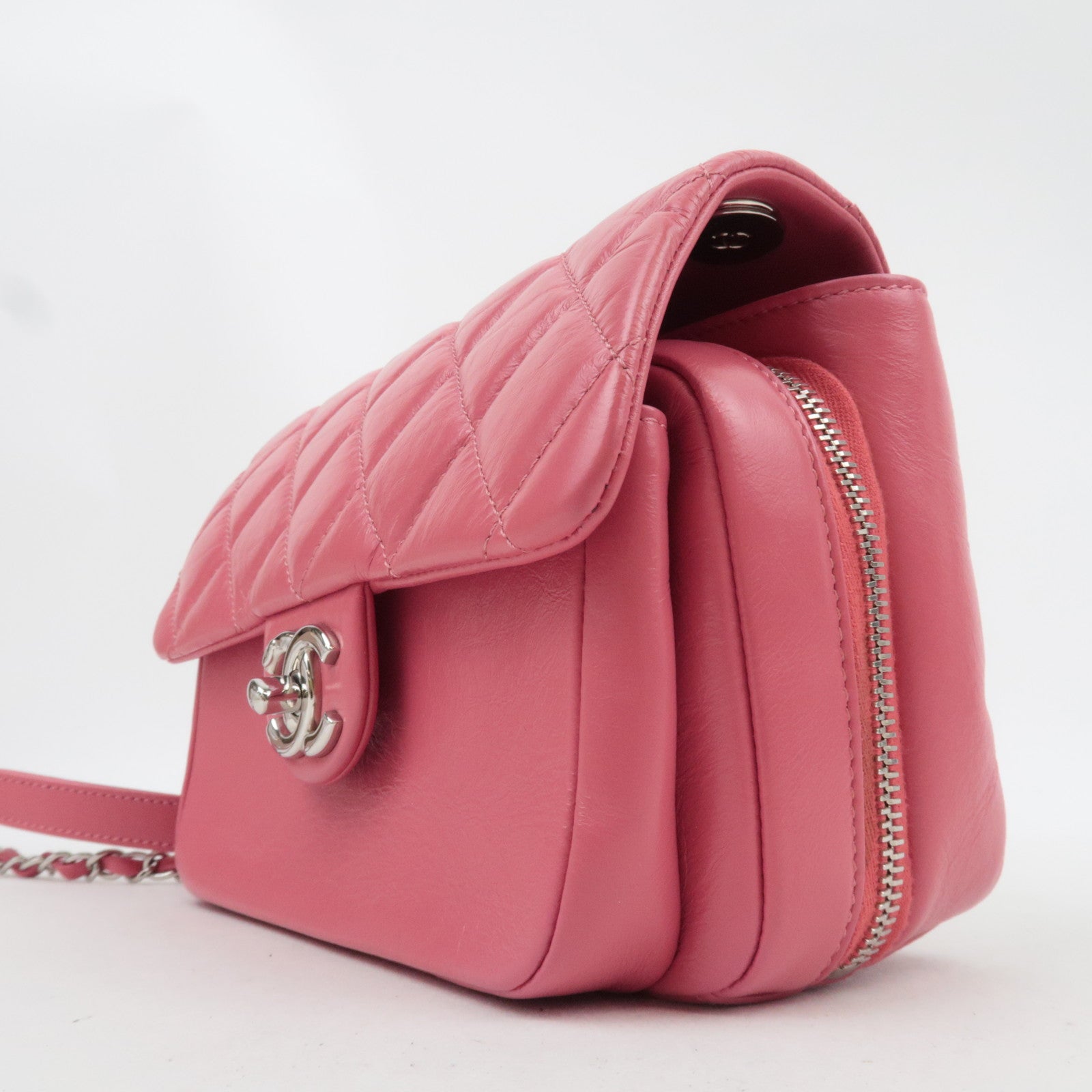 CHANEL Matelasse Calf Leather Chain Shoulder Bag Pink Silver HDW AS1315