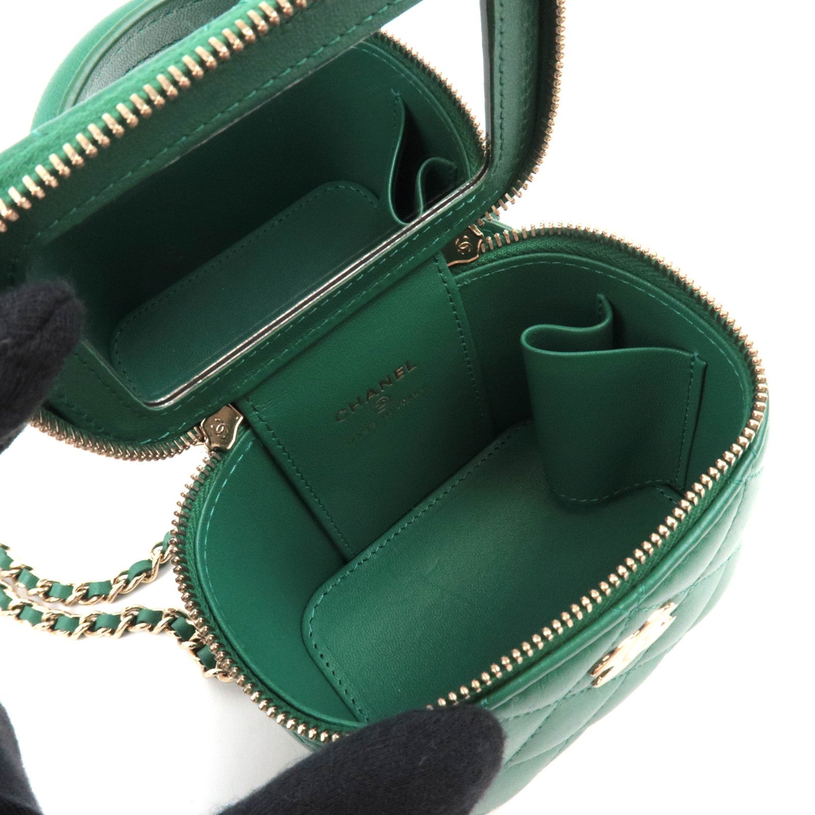 CHANEL Matelasse Lambskin Small Vanity Chain Shoulder Bag Green Gold HDW AP2198