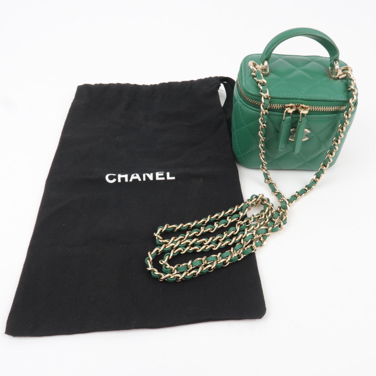 CHANEL Matelasse Lambskin Small Vanity Chain Shoulder Bag Green Gold HDW AP2198