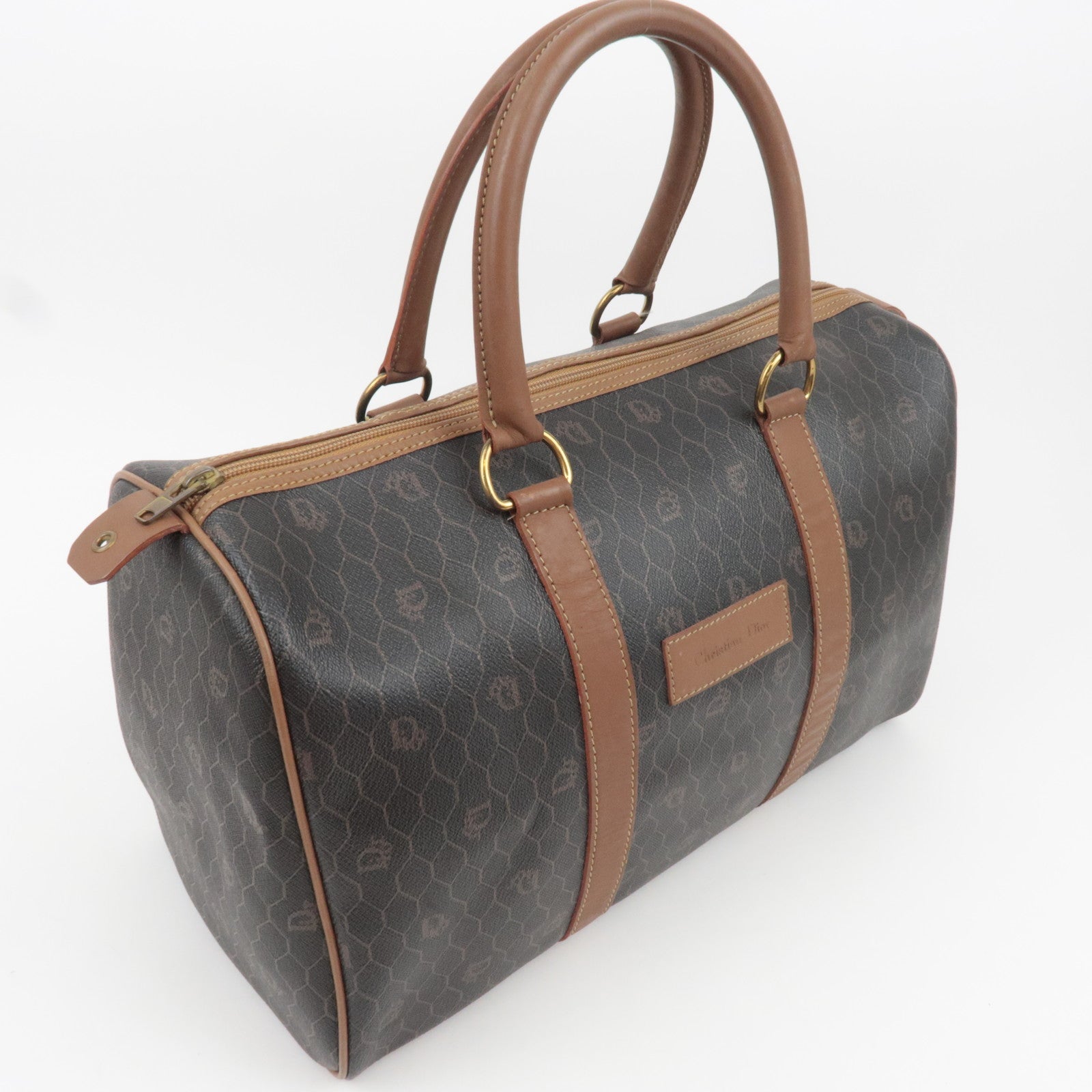 Christian Dior Honeycomb PVC Leather Boston Bag Black Brown