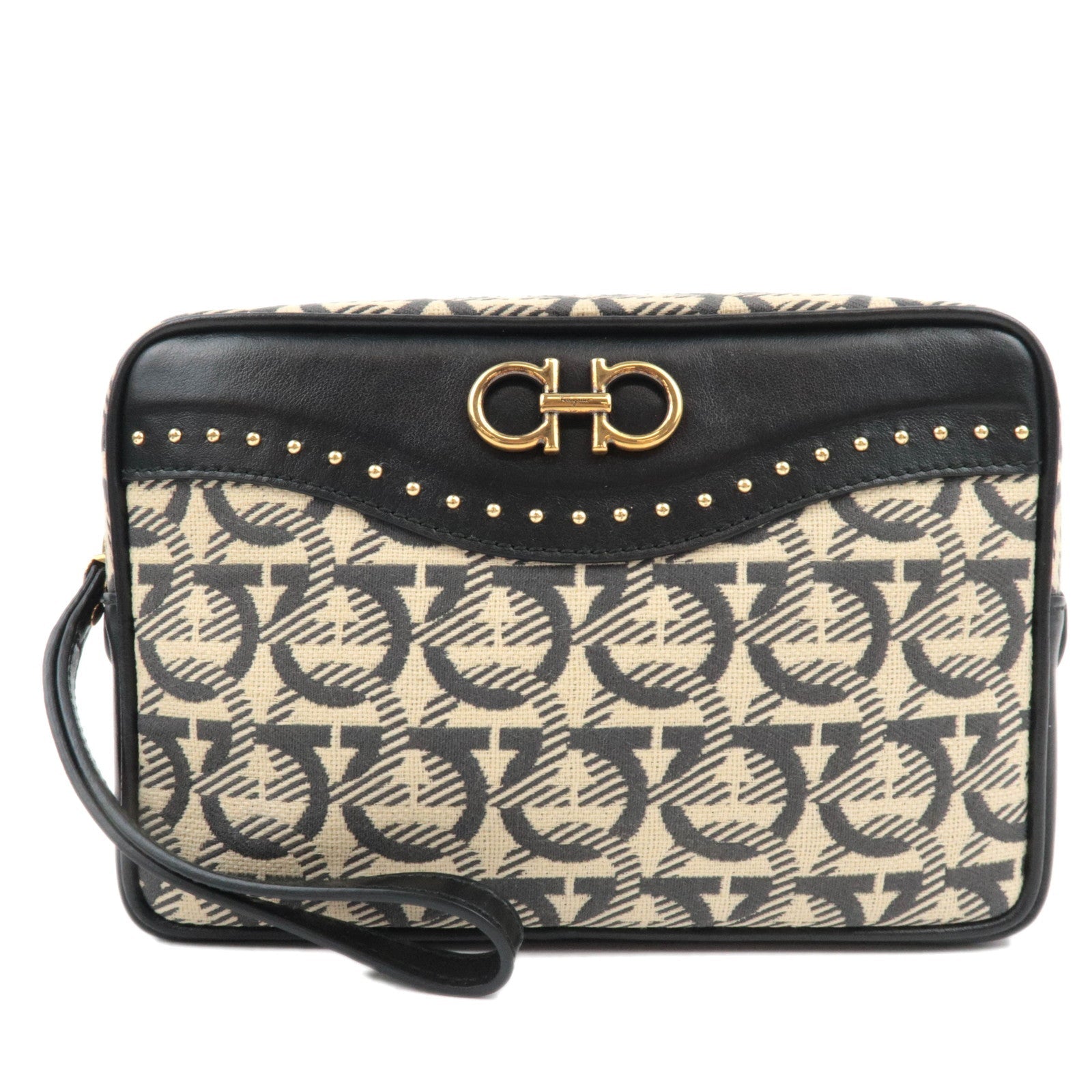 Ferragamo Gancini Canvas Leather Clutch Bag Beige Black86824