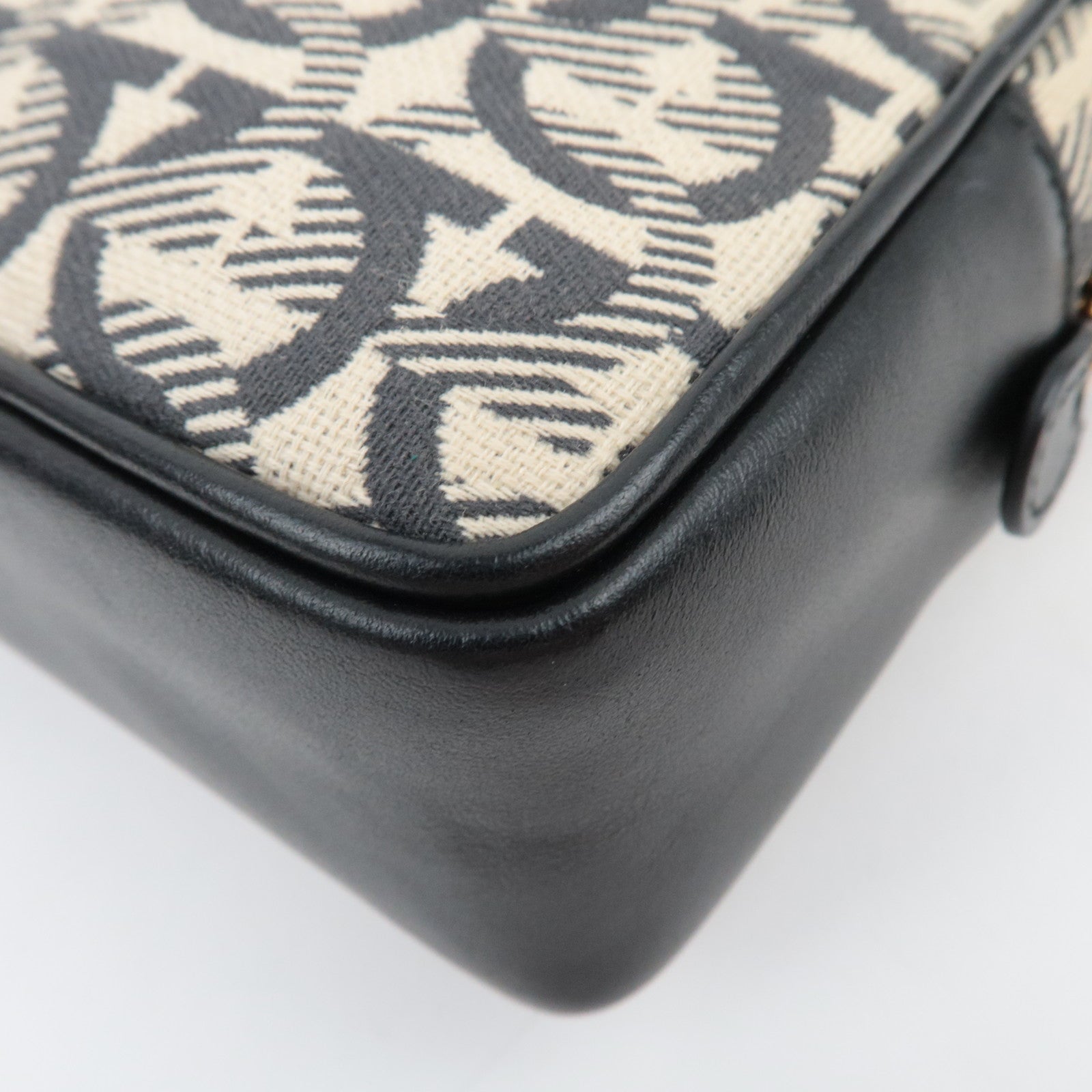 Ferragamo Gancini Canvas Leather Clutch Bag Beige Black