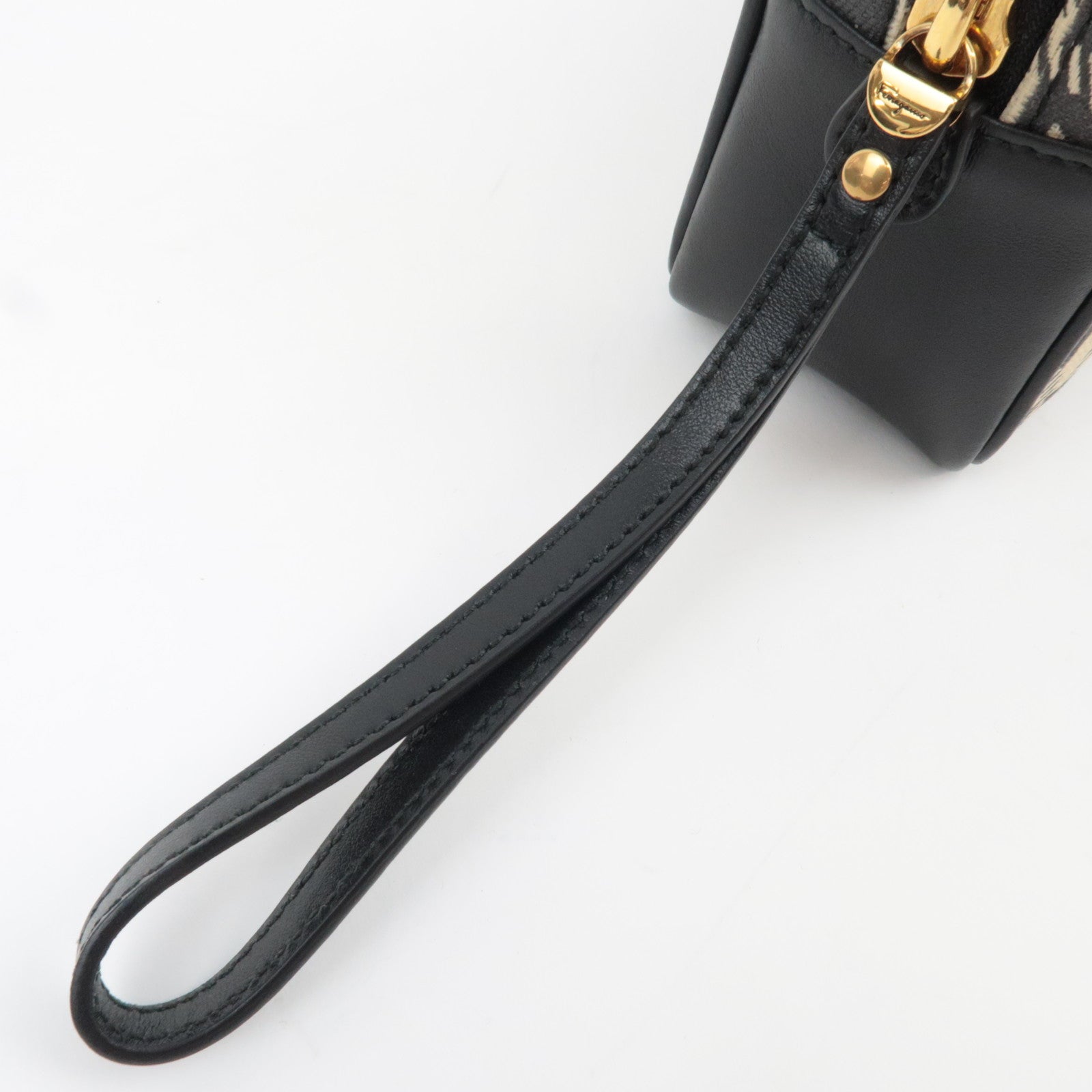 Ferragamo Gancini Canvas Leather Clutch Bag Beige Black