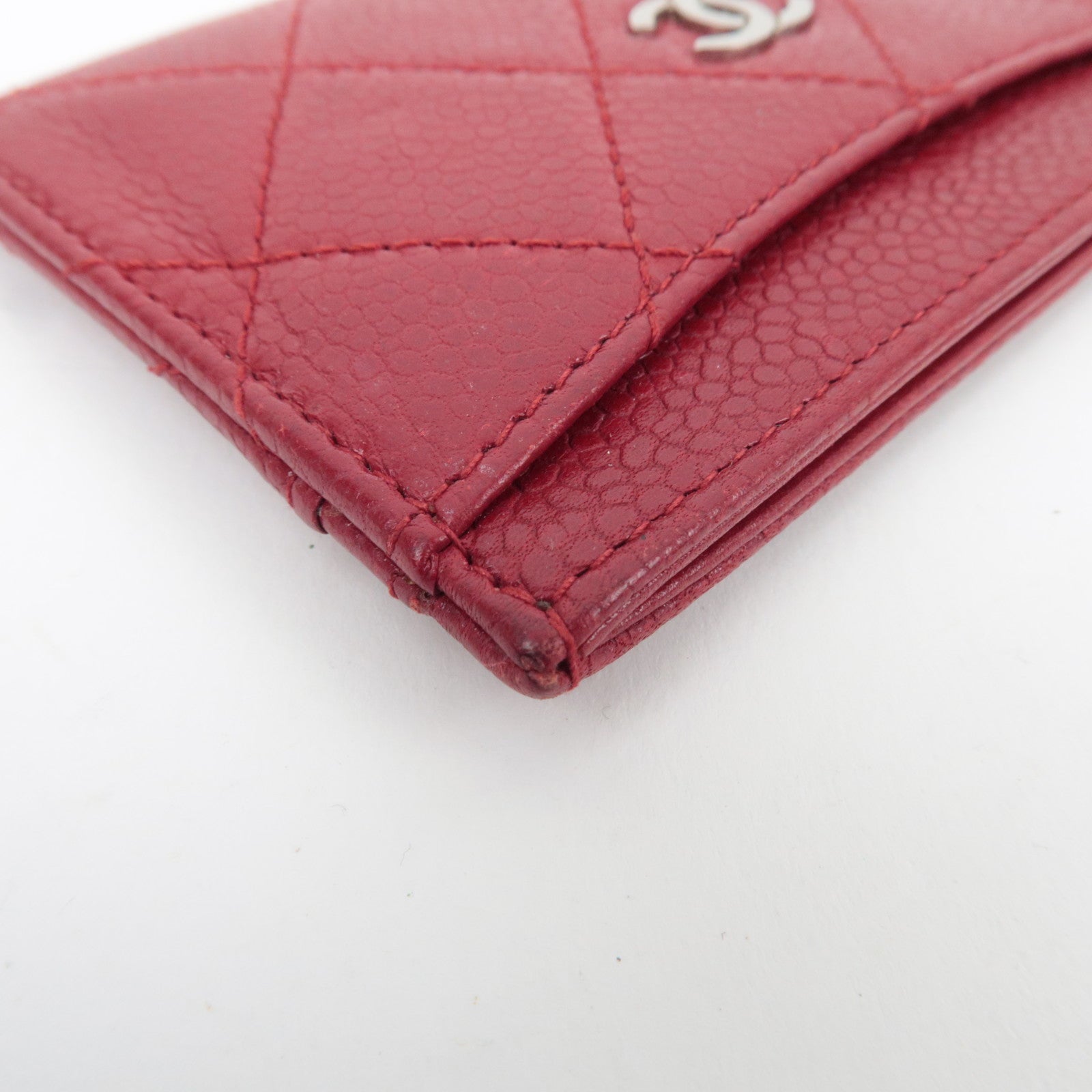 CHANEL Coco Mark Card Case Caviarskin Red Silver HDW