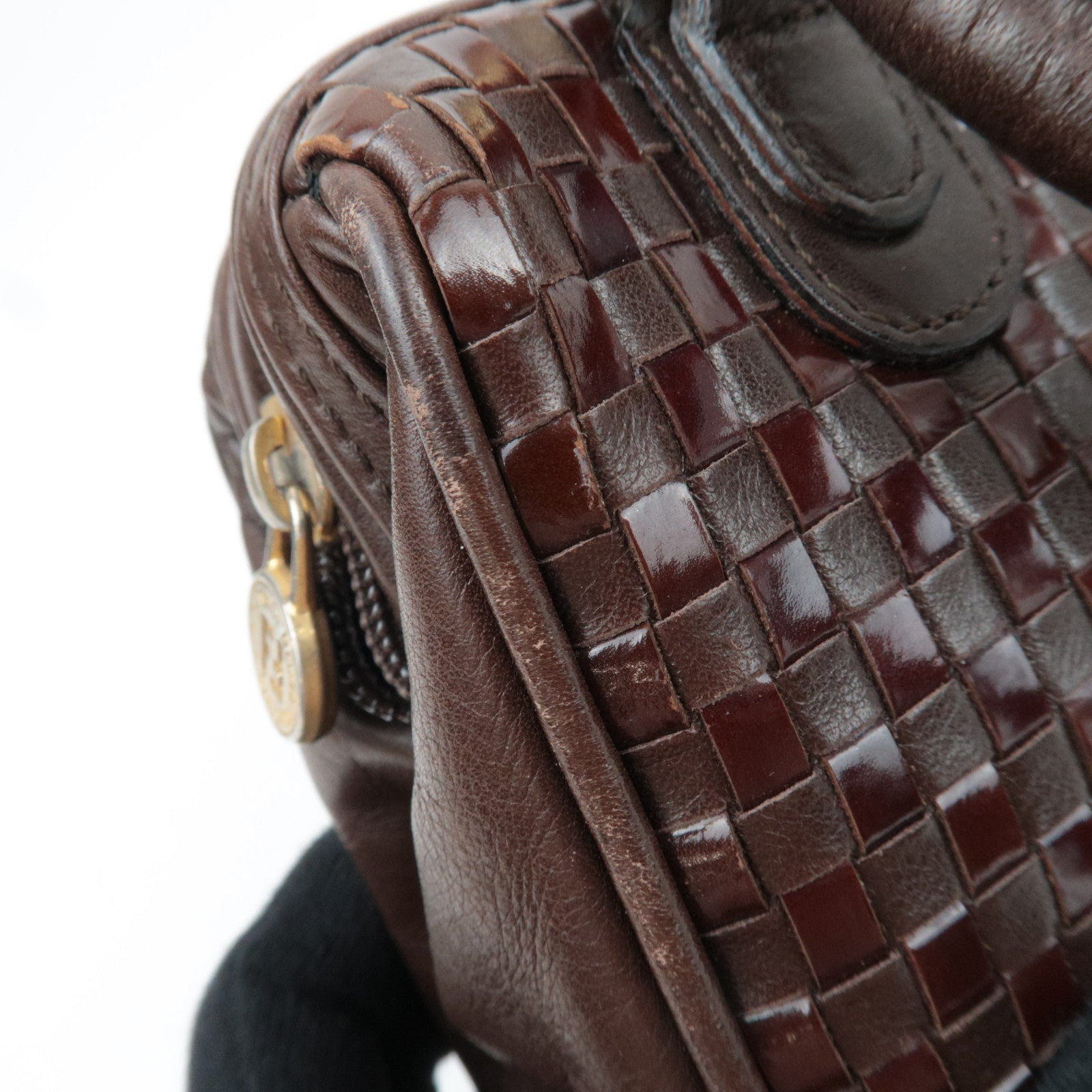 FENDI Braided Leather 2Way Handbag Brown 13961