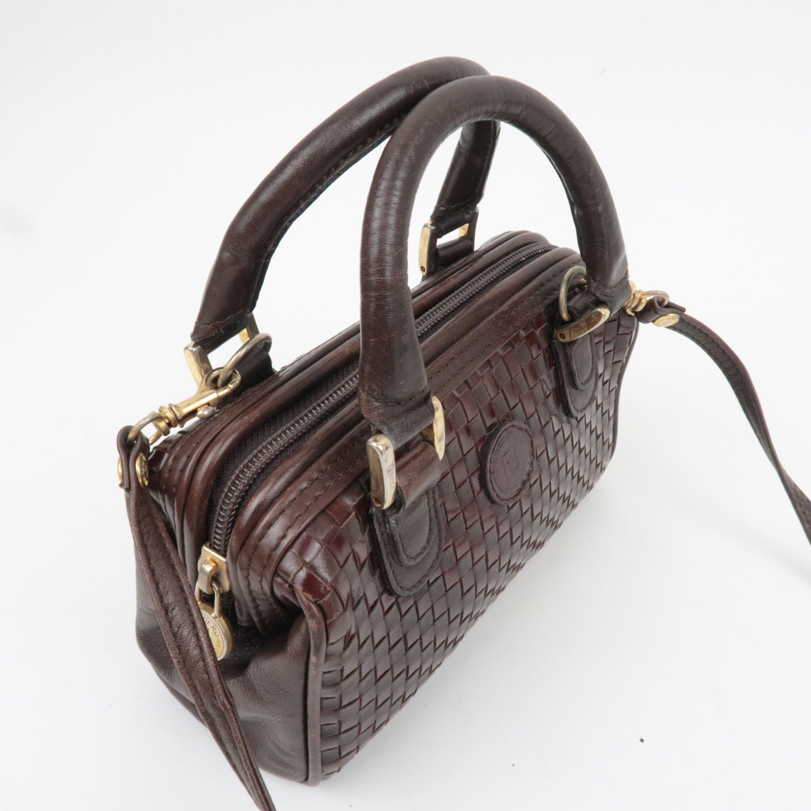 FENDI Braided Leather 2Way Handbag Brown 13961
