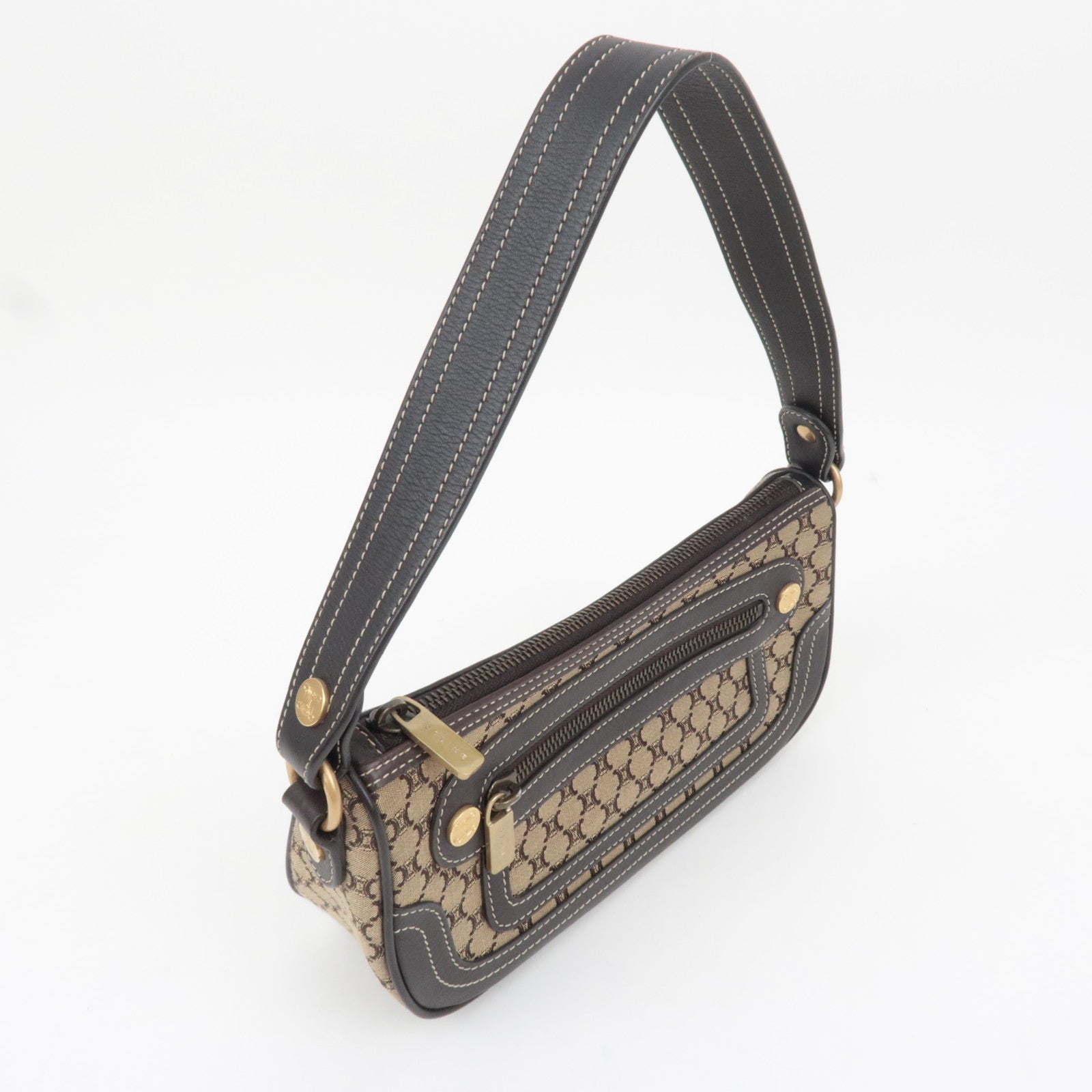 CELINE Macadam Canvas Leather Shoulder Bag Beige Brown