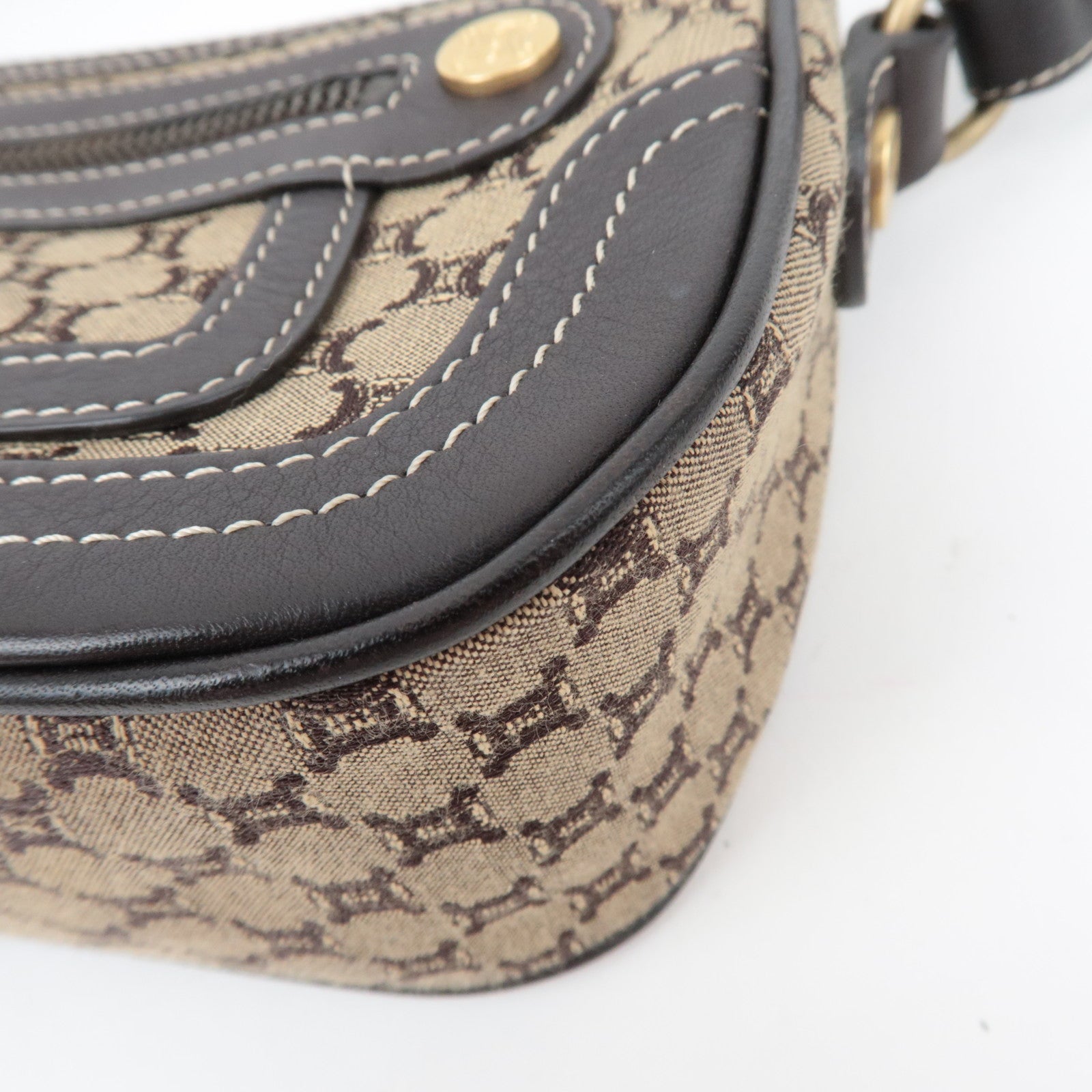 CELINE Macadam Canvas Leather Shoulder Bag Beige Brown