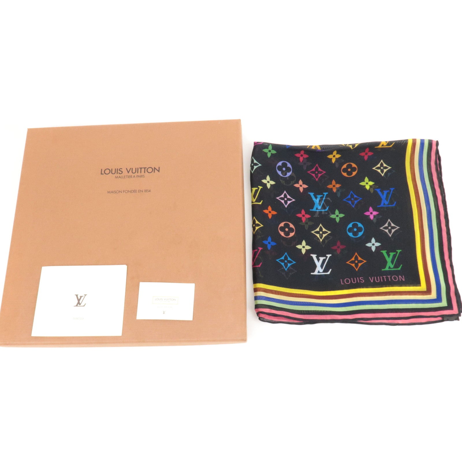 Louis Vuitton Monogram Multicolor Mini Carre Scarf 100% Silk Noir