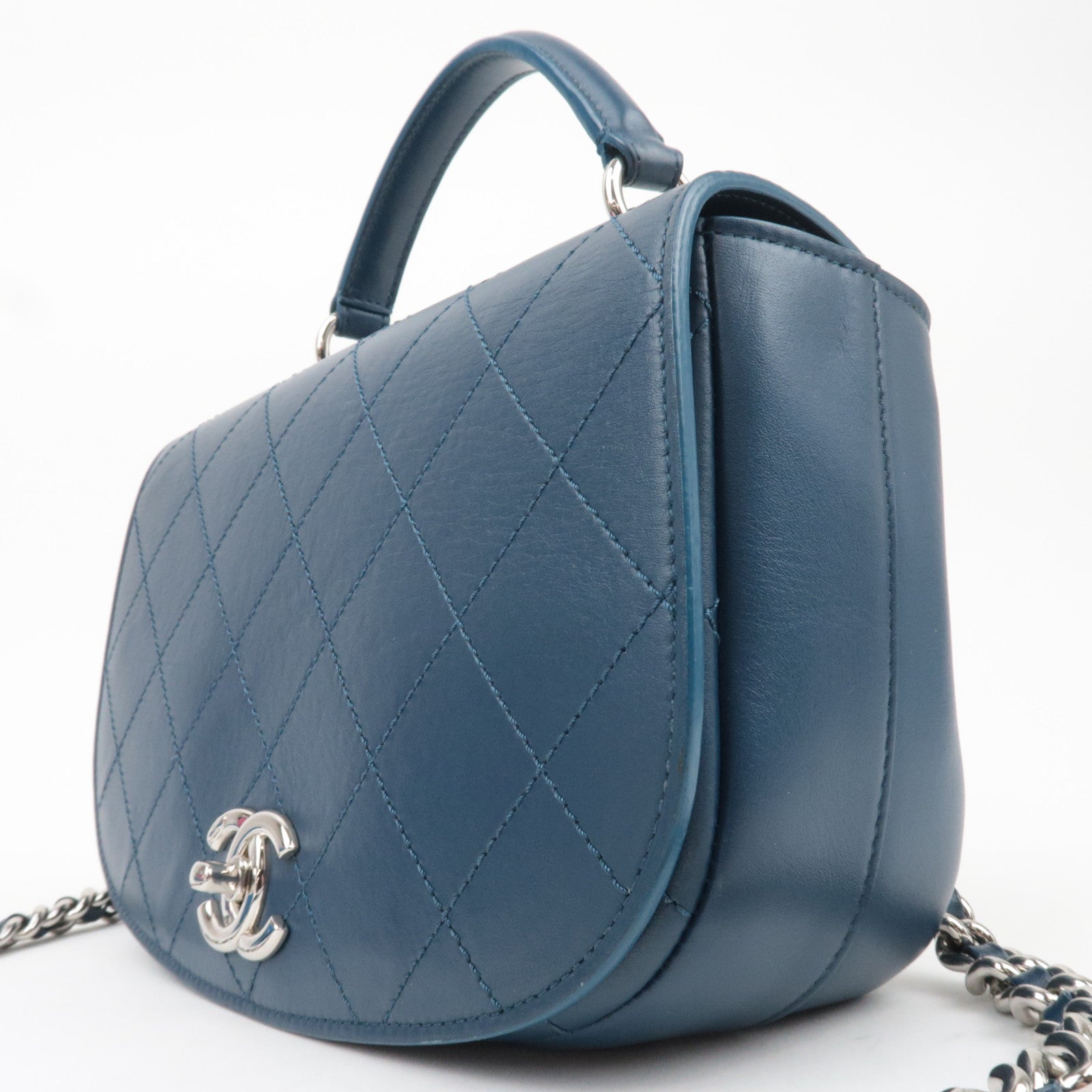 CHANEL Matelasse Calf Leather 2Way Chain Shoulder Bag Navy