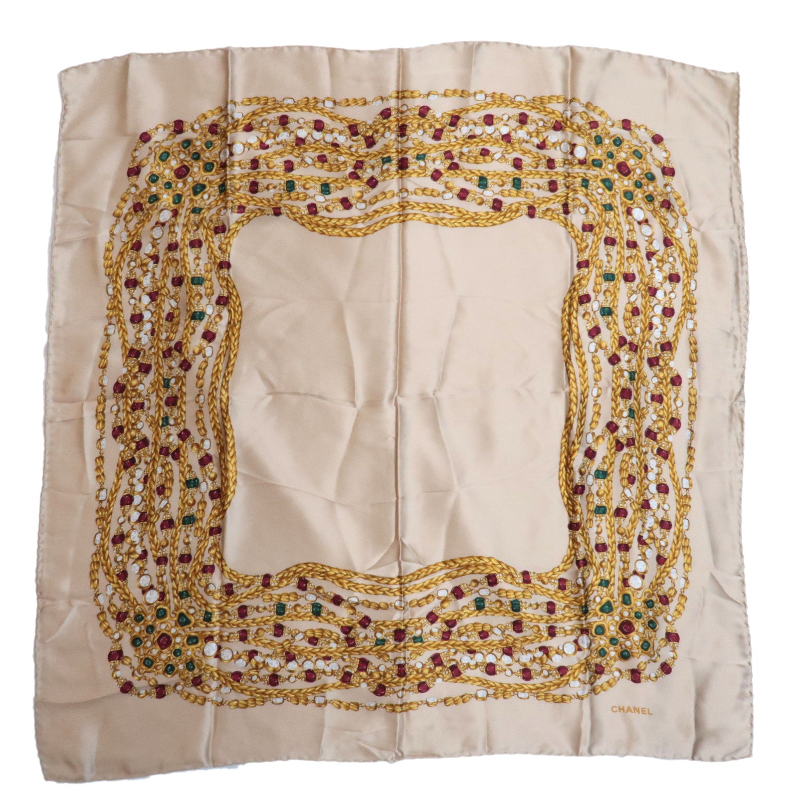 CHANEL Scarf Jewelry Print 100% Silk Greige87052