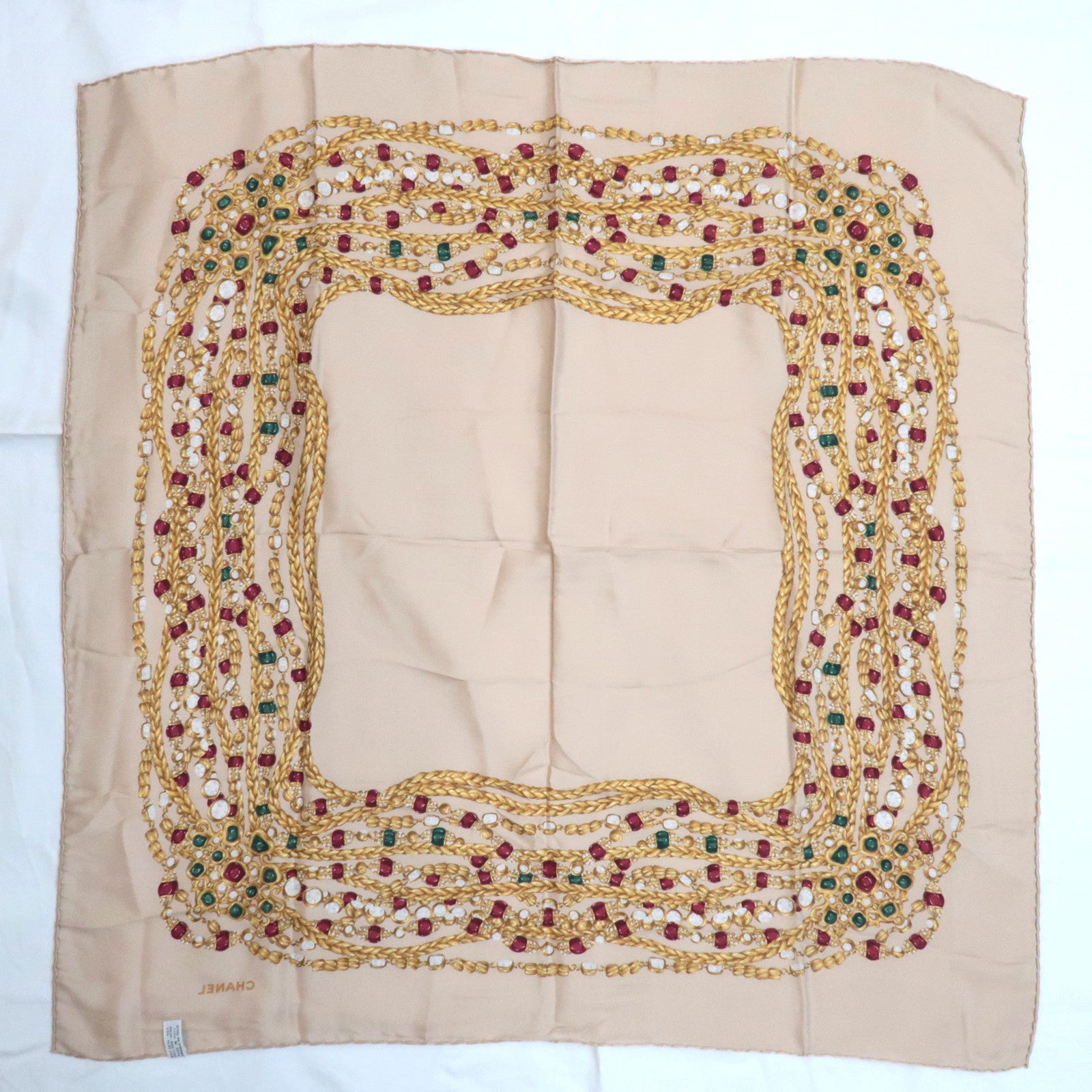 CHANEL Scarf Jewelry Print 100% Silk Greige