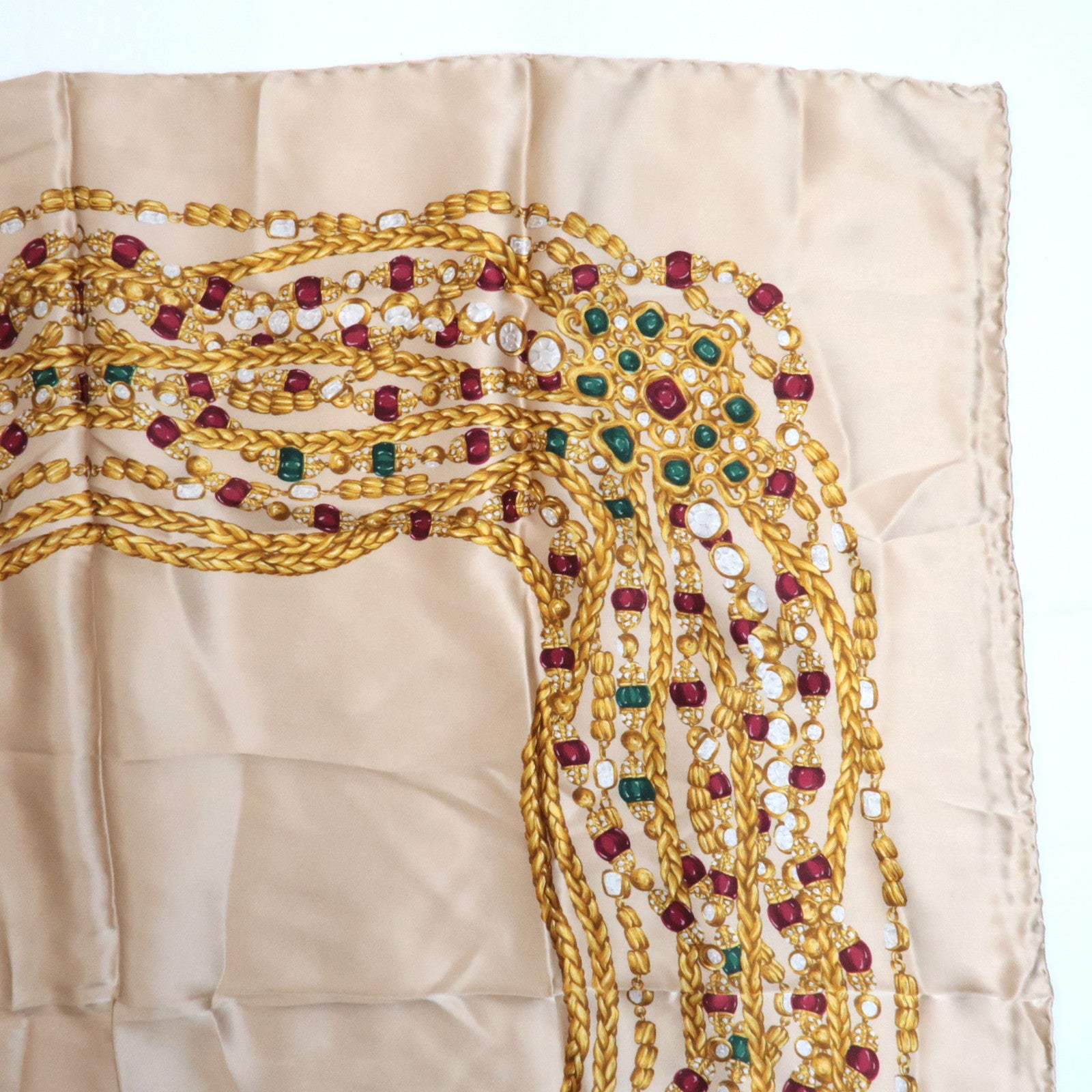 CHANEL Scarf Jewelry Print 100% Silk Greige
