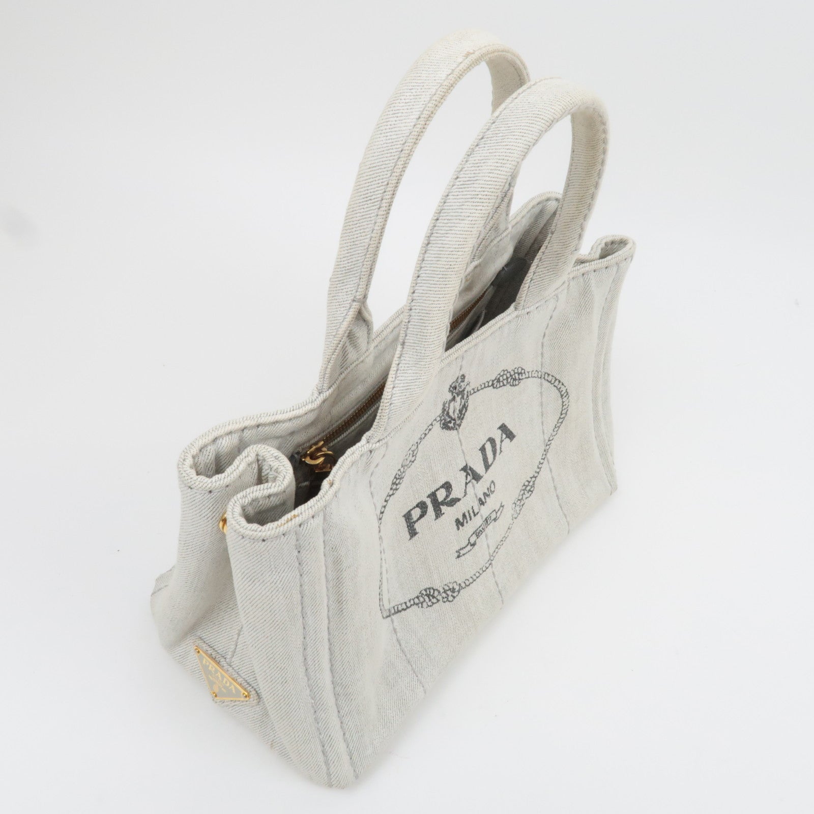 PRADA Canapa Mini 2Way Denim Tote Bag White 1BG439