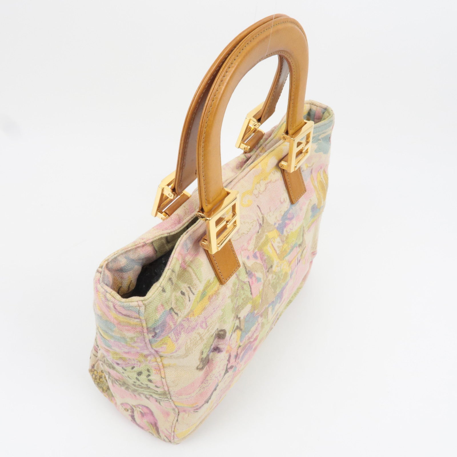 FENDI Canvas Leather Handbag Multicolor Brown