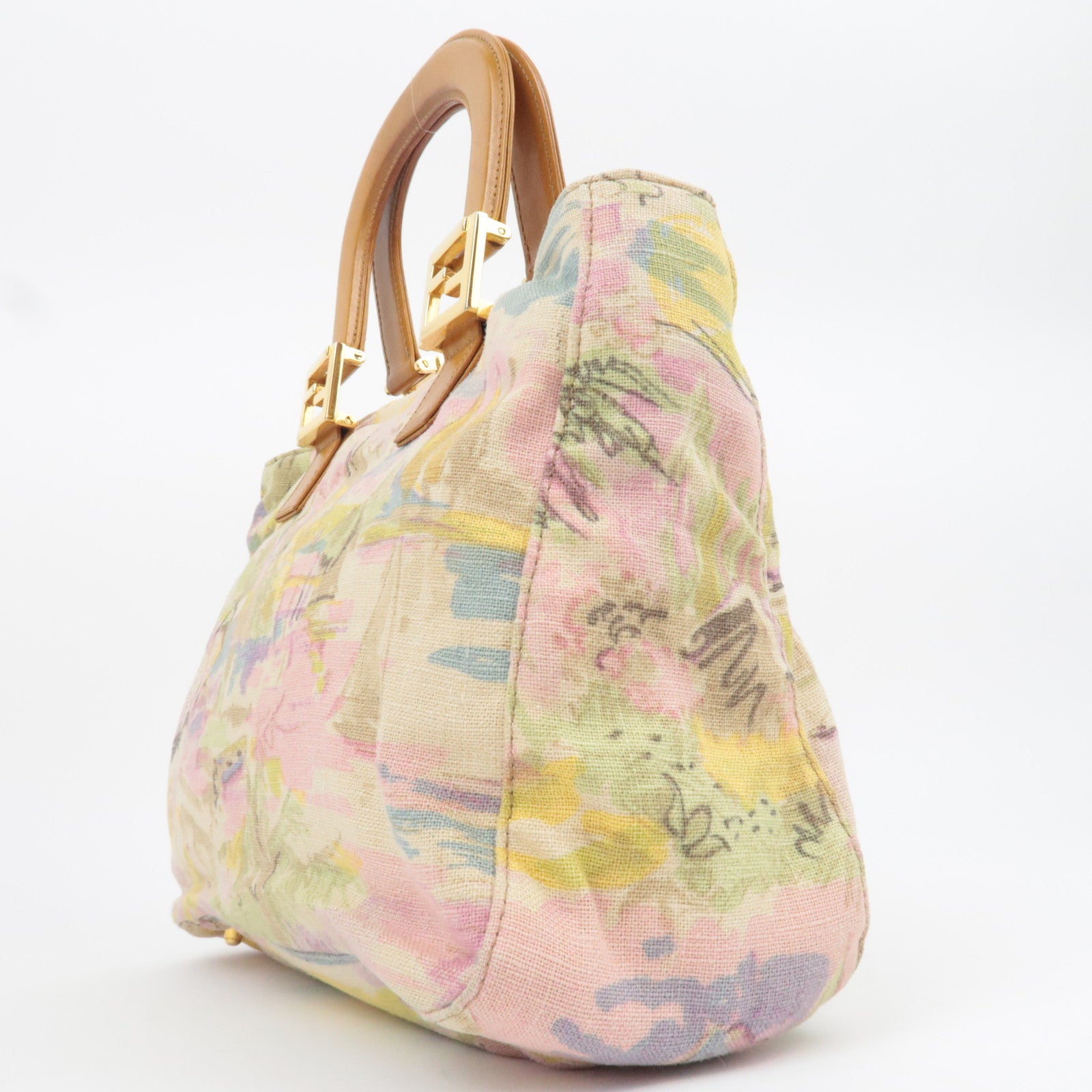 FENDI Canvas Leather Handbag Multicolor Brown