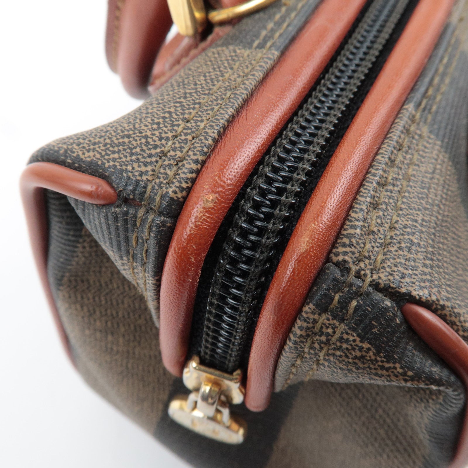 FENDI Pequin PVC Leather 2Way Handbag Khaki Black Brown 04597