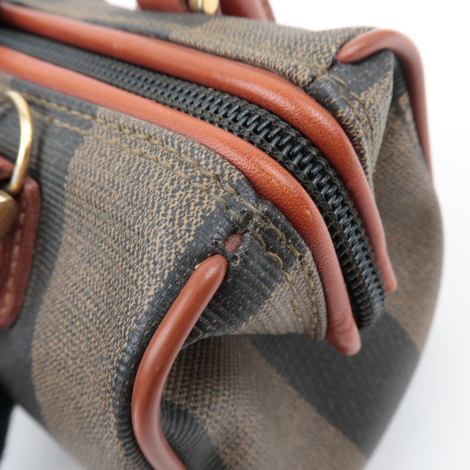 FENDI Pequin PVC Leather 2Way Handbag Khaki Black Brown 04597