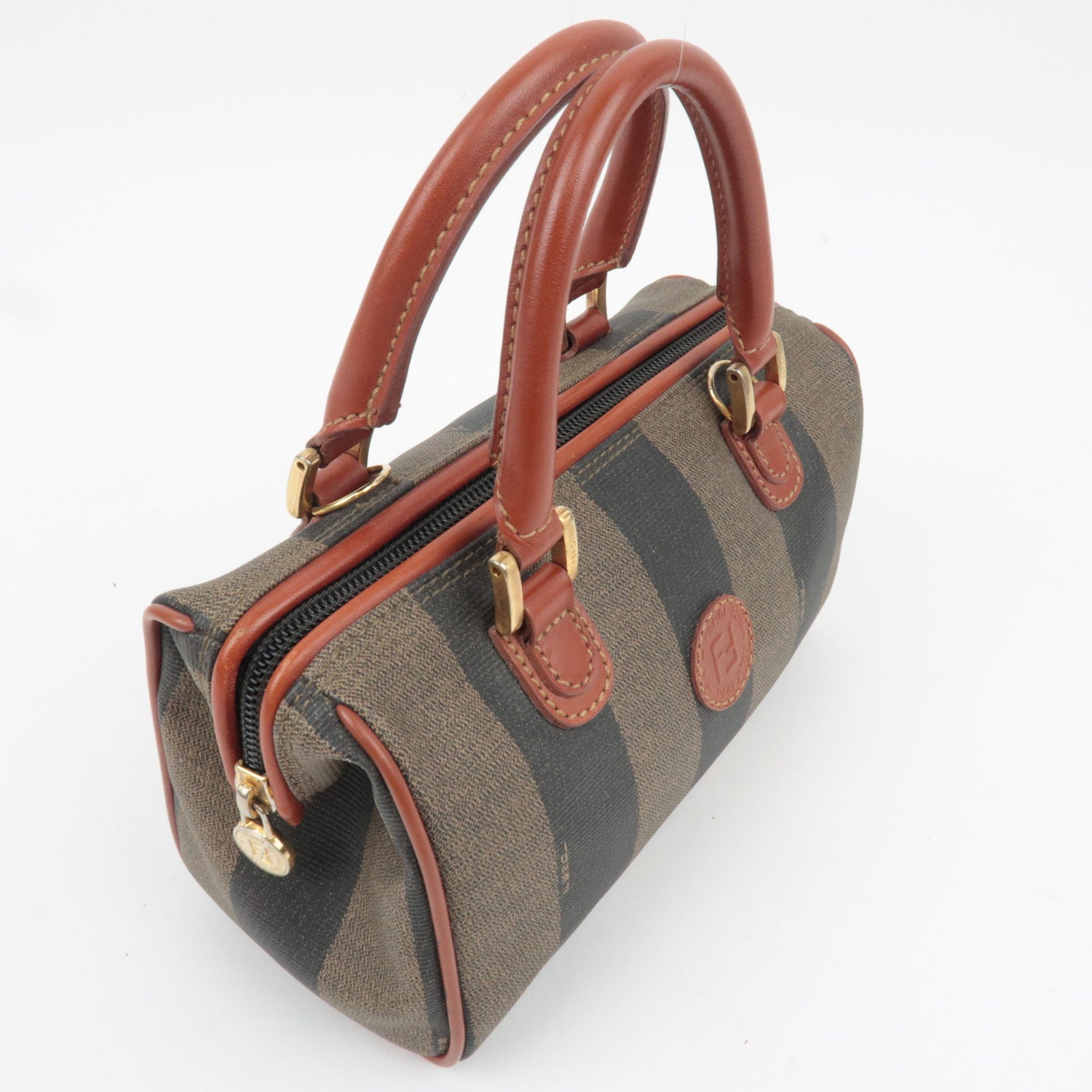 FENDI Pequin PVC Leather 2Way Handbag Khaki Black Brown 04597