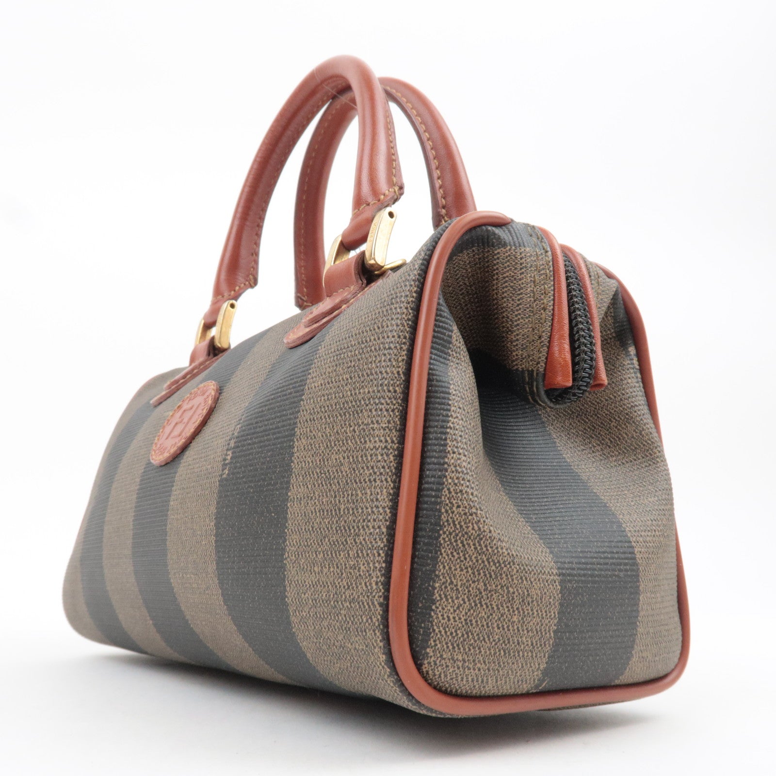 FENDI Pequin PVC Leather 2Way Handbag Khaki Black Brown 04597