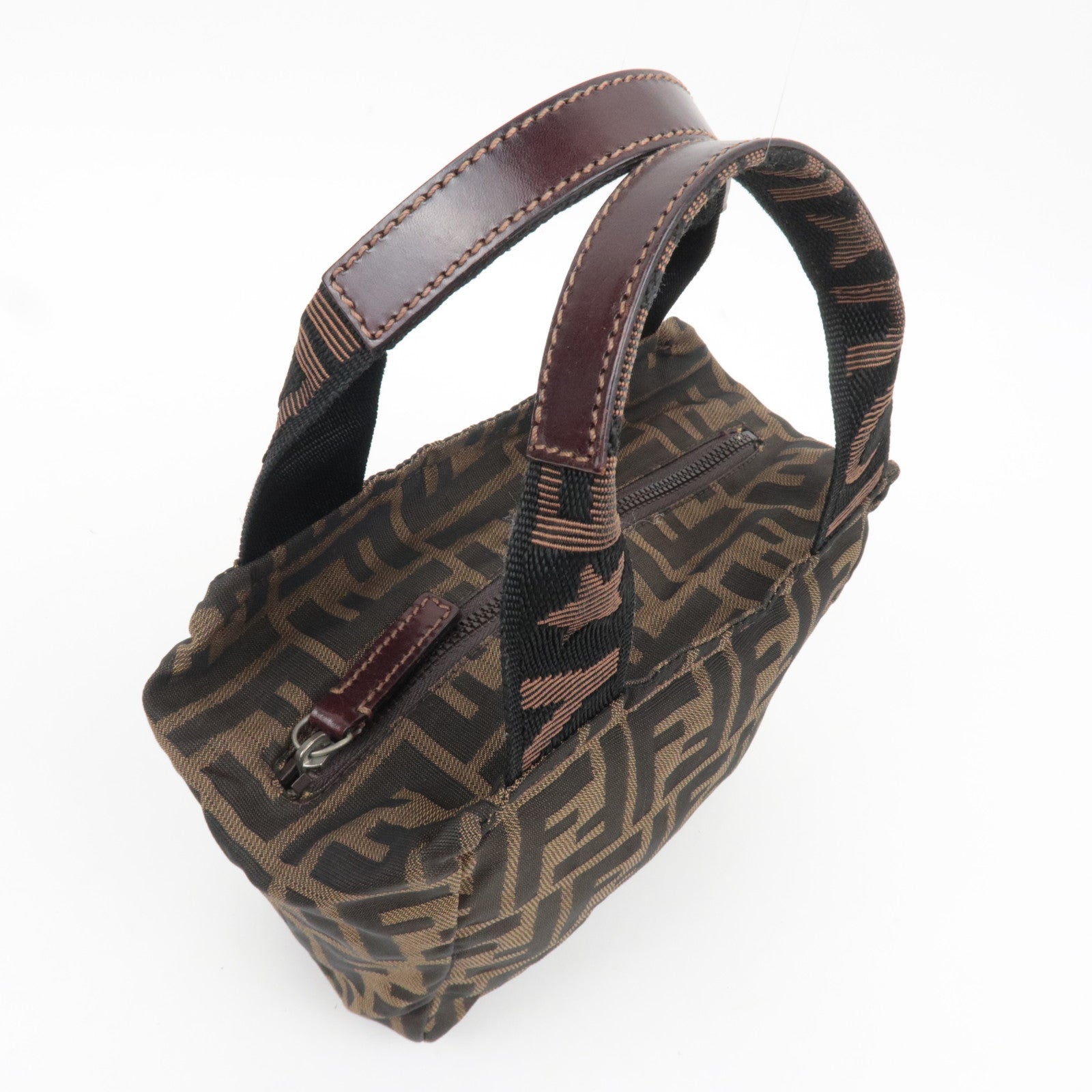 FENDI Zucca Canvas Leather Handbag Brown Black 26541